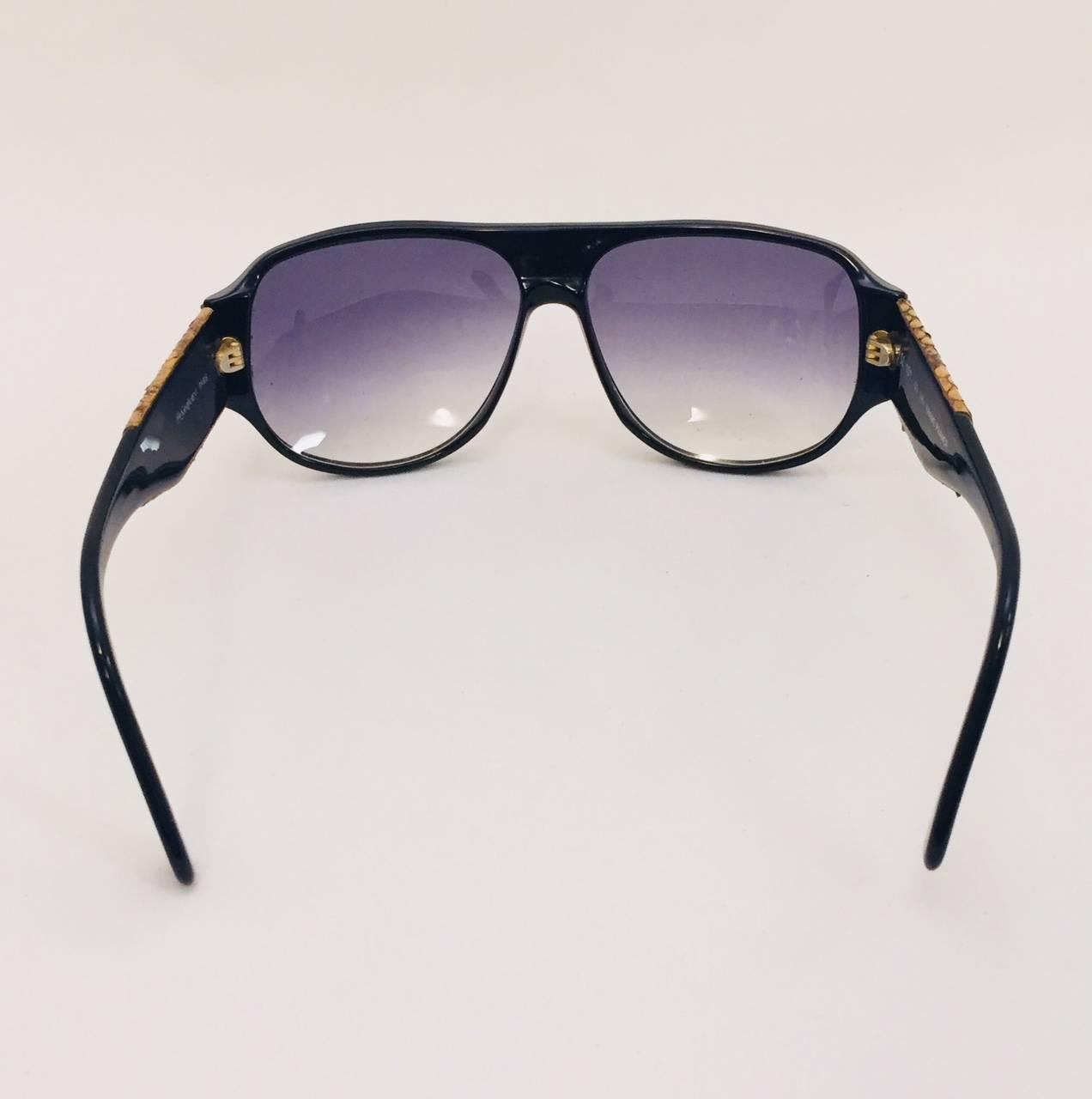 Vintage YSL Black Sunglasses With Brown and Beige Python Accents  For Sale 1