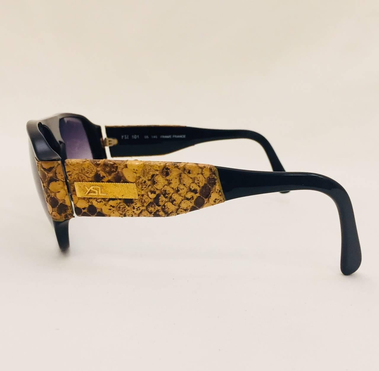 Vintage YSL Black Sunglasses With Brown and Beige Python Accents  In Excellent Condition For Sale In Palm Beach, FL
