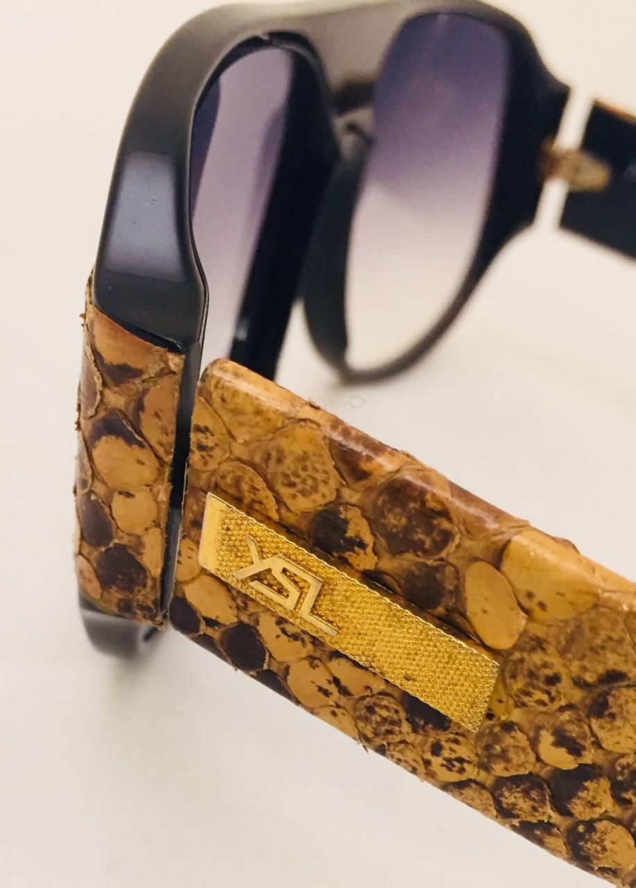 Women's or Men's Vintage YSL Black Sunglasses With Brown and Beige Python Accents  For Sale