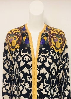 Balmain Black and White Multi Floral Print Silk Kaftan With Gold Trim