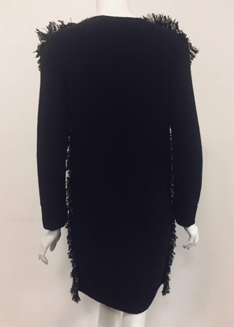 Women's Lanvin Winter 2014 Black Wool Sweater Coat With Oversize Tweed Front and Fringe