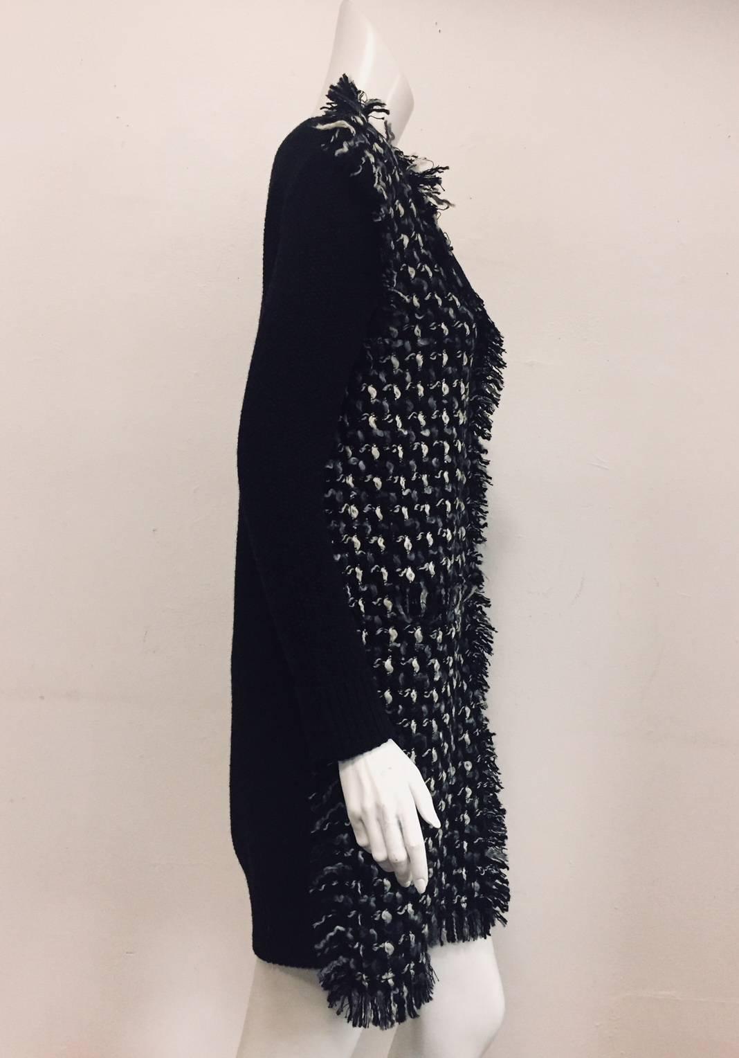 Lanvin Winter 2014 Black Wool Sweater Coat With Oversize Tweed Front and Fringe In Excellent Condition In Palm Beach, FL