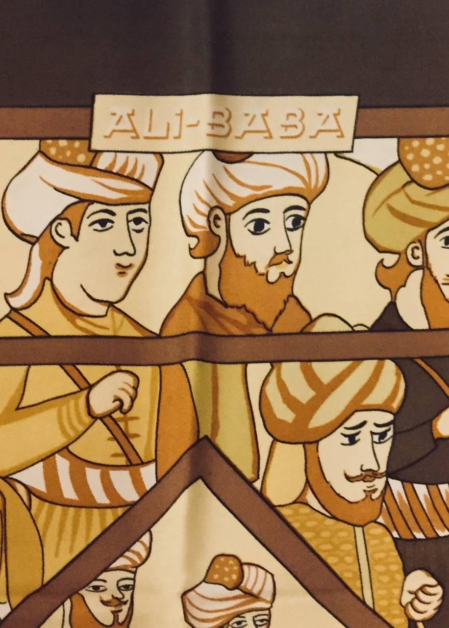 Designed by Pierre Peron in 1972, unique "Ali Baba" has become highly desired by connoisseurs of fine scarves worldwide.  Hermès Ali Baba Silk Twill Scarf depicts mounted Arabians and  is distinguished by antique-gold, white, brown, bronze