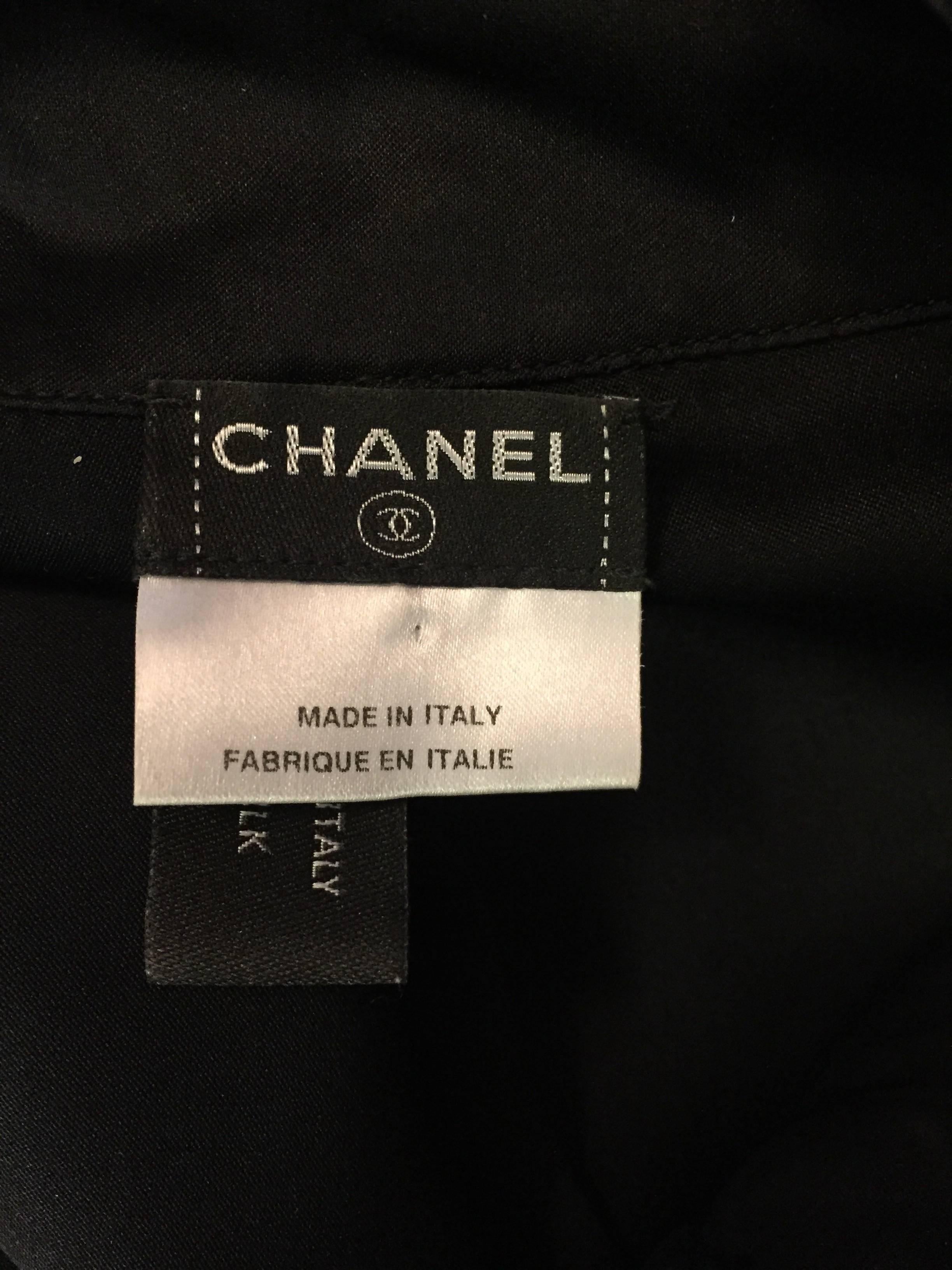 Women's Conceptually Creative Chanel Black Silk Tuxedo Style Blouse with Up Collar For Sale