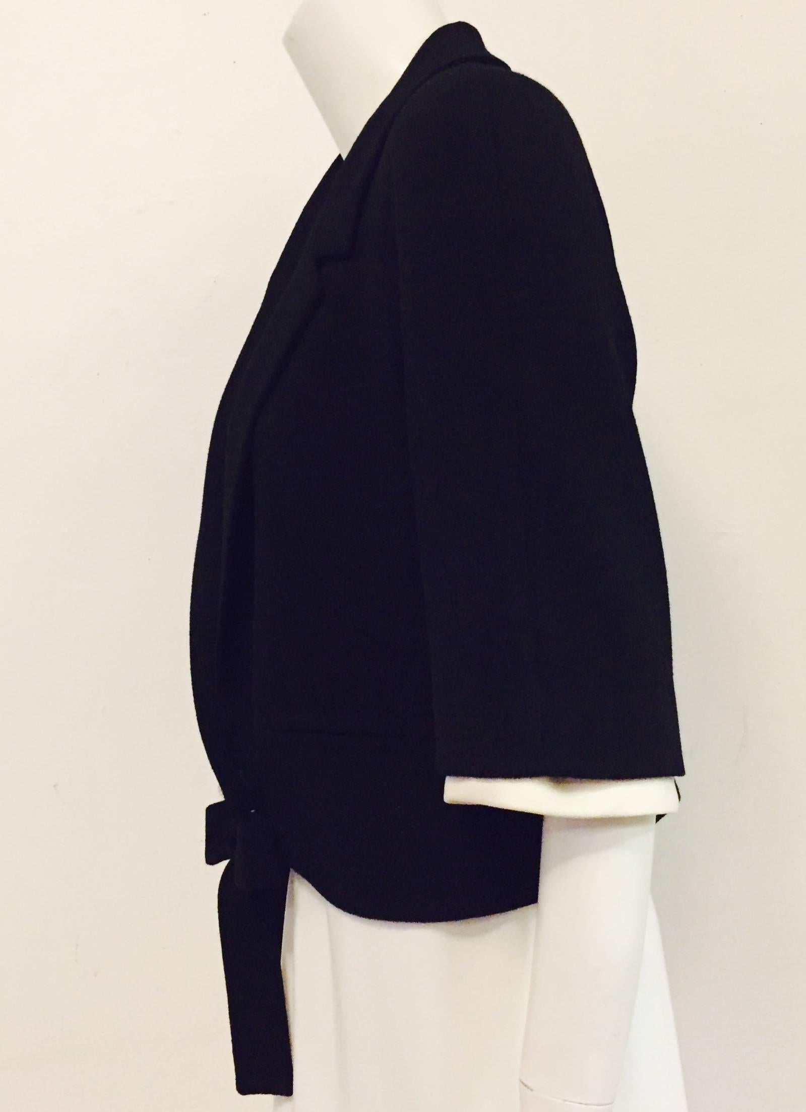 Women's Chanel Black Wool Crepe Cropped Jacket With Removable White Wool Cuffs For Sale