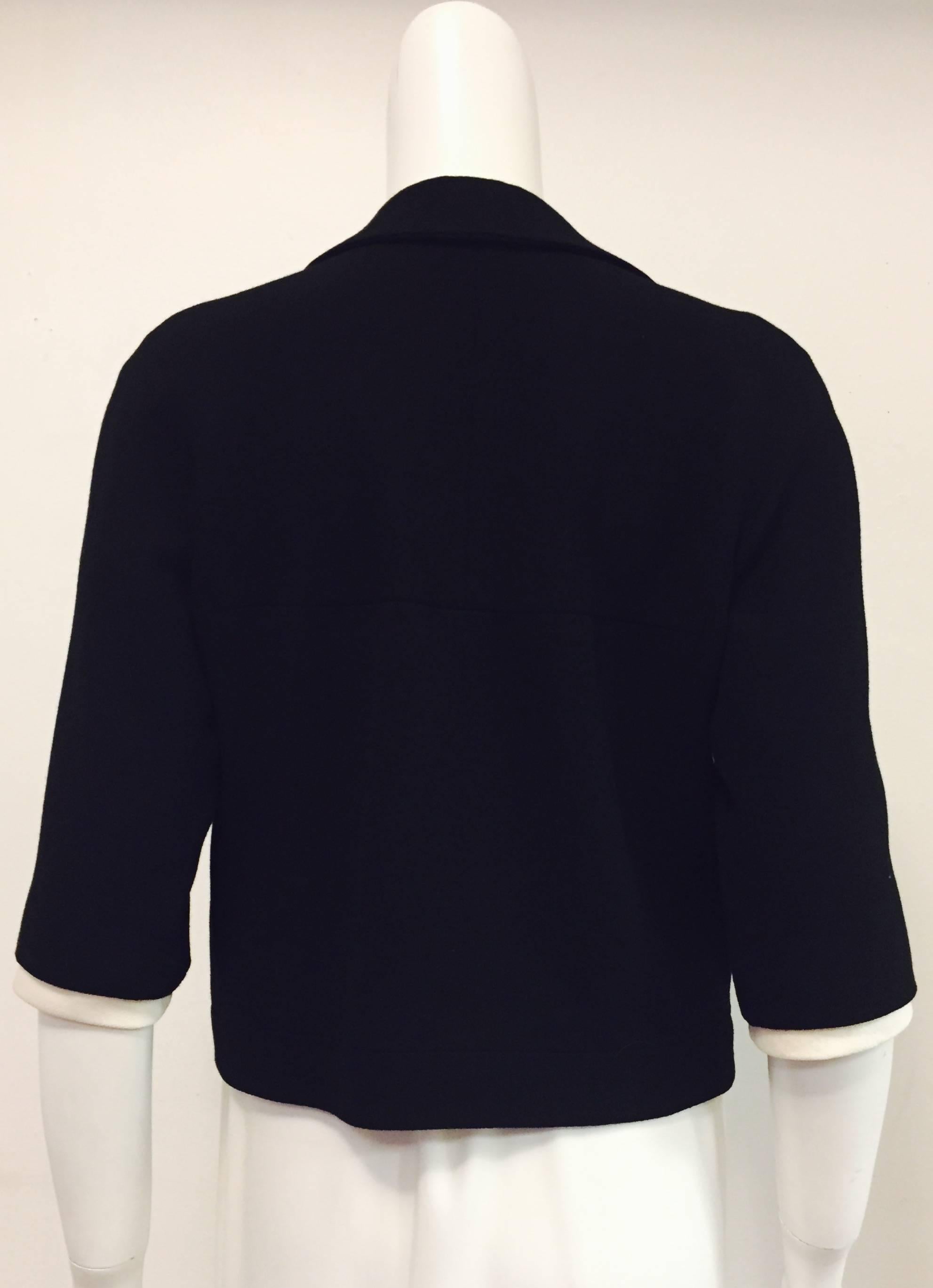 Chanel Black Wool Crepe Cropped Jacket With Removable White Wool Cuffs For Sale 1