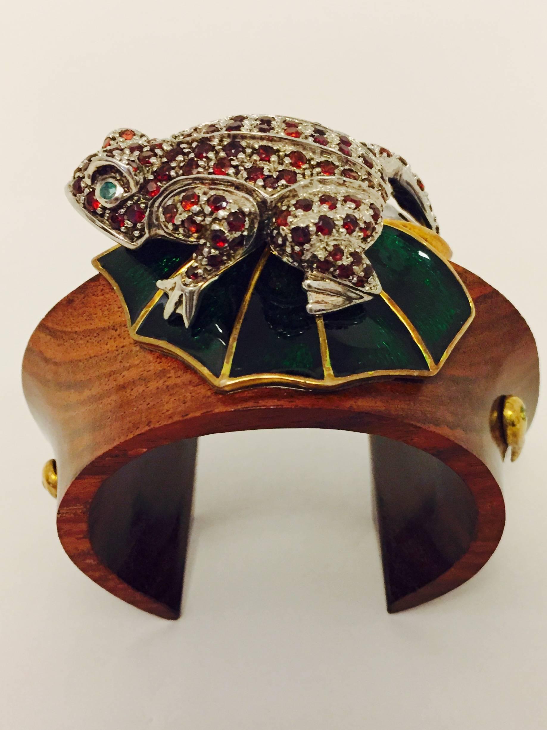 Contemporary Mahogany Wood Cuff with Crystal Covered Frog on Enamel Lily Pad