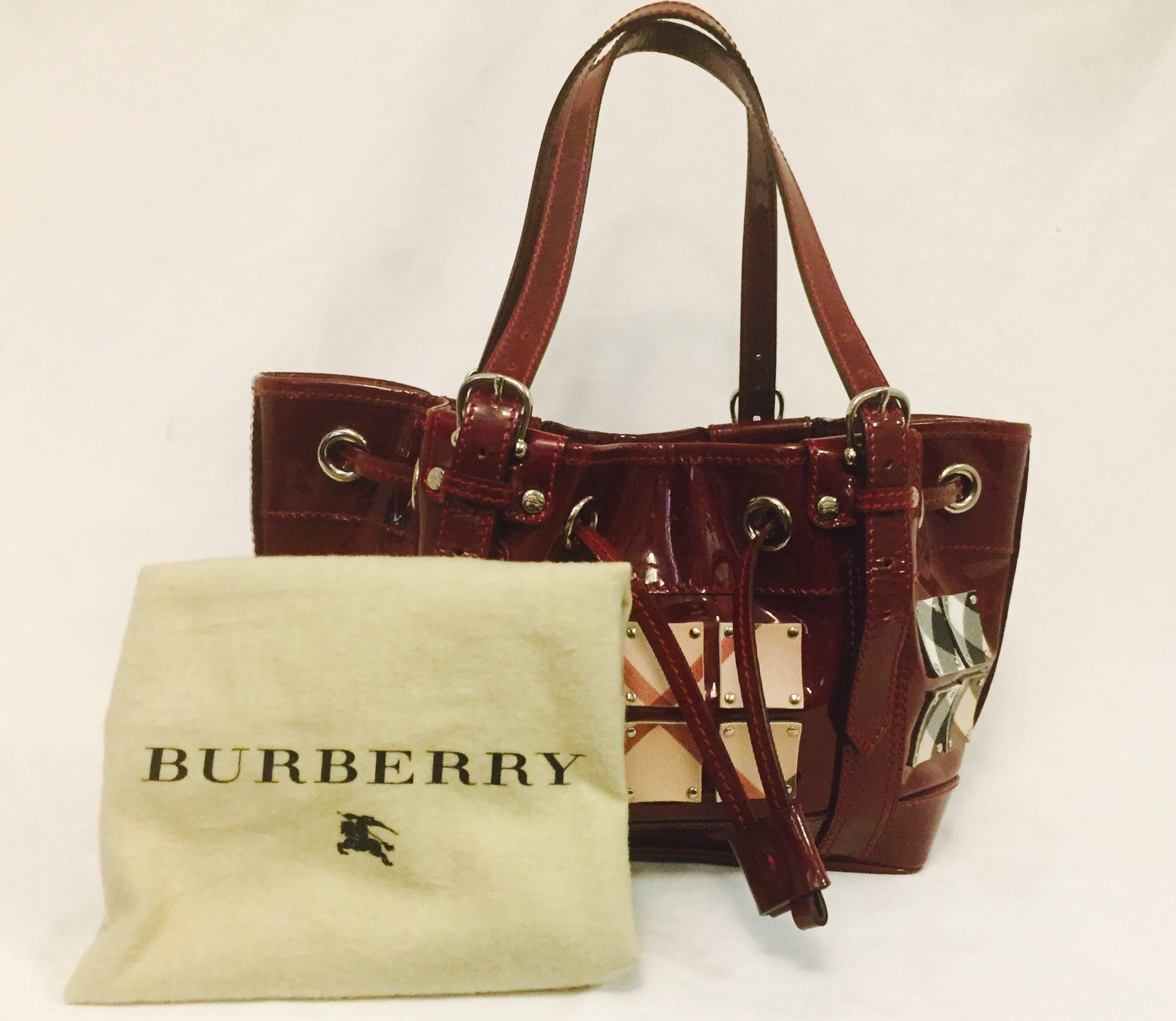 British Burberry Satchel with Coated Canvas Squares on Burgundy Patent Leather  2