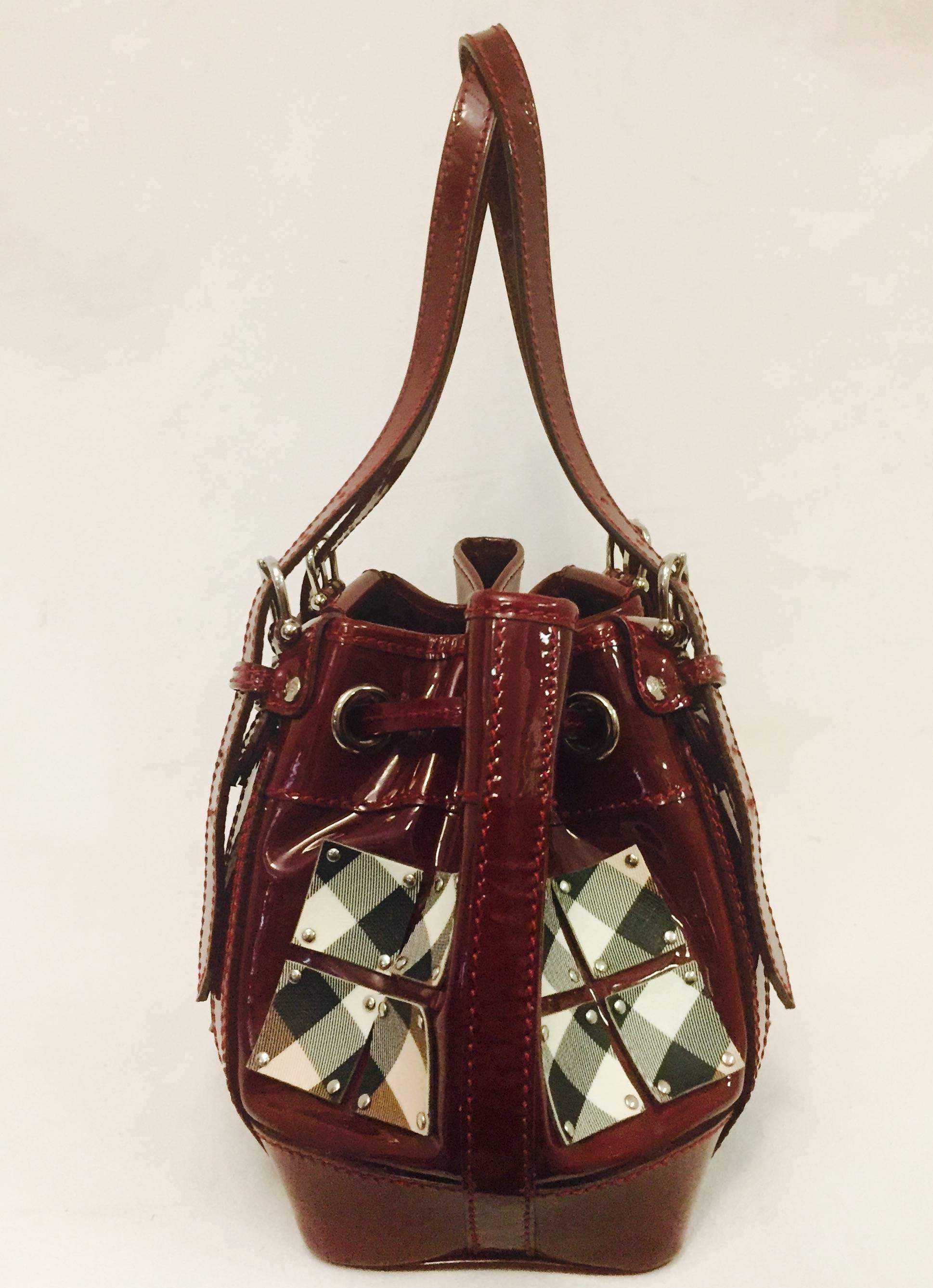 Brown British Burberry Satchel with Coated Canvas Squares on Burgundy Patent Leather 