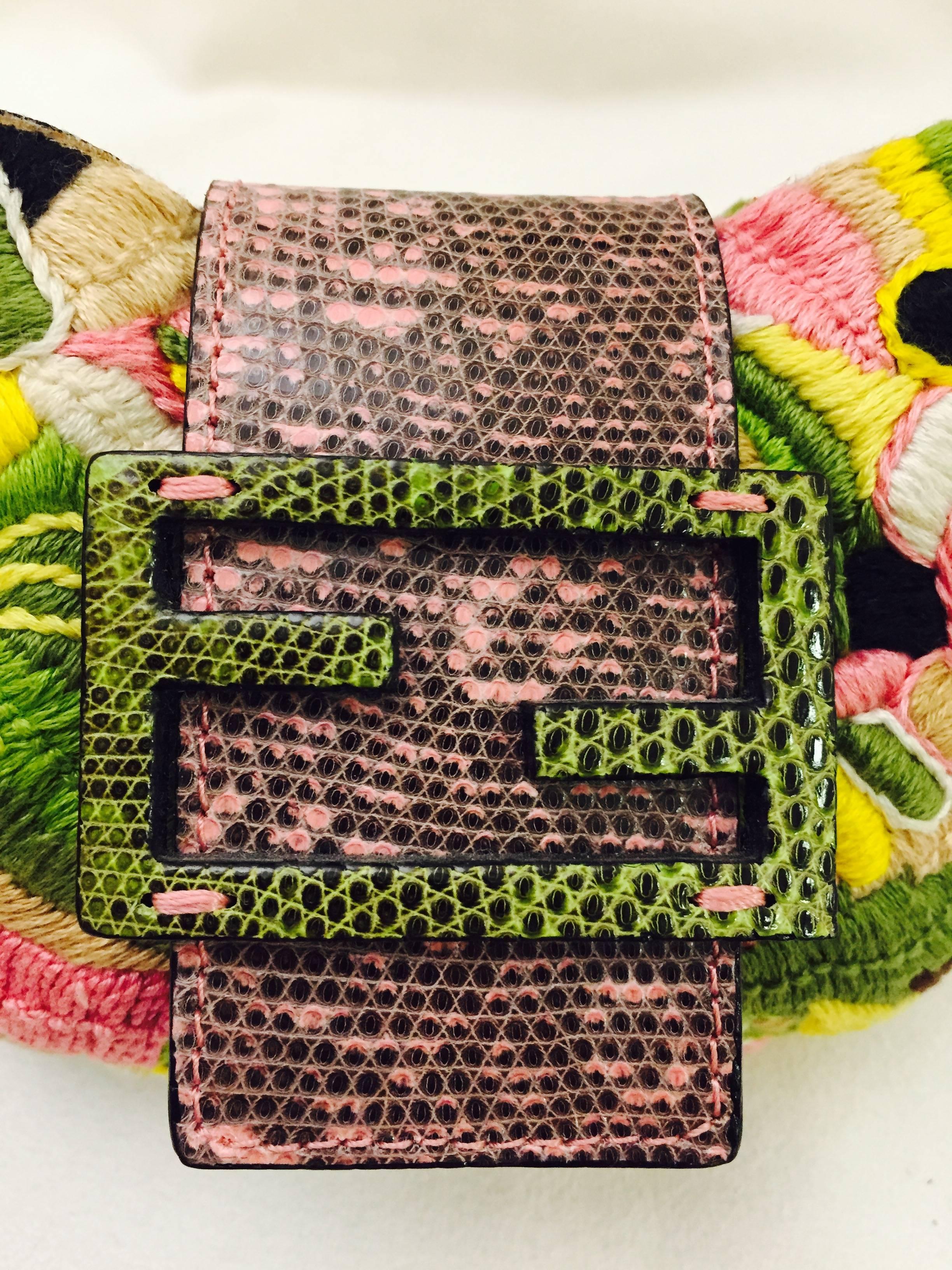 Fun Fendi Floral Mini Croissant Bag with Pink & Green Lizard Flap In Excellent Condition In Palm Beach, FL