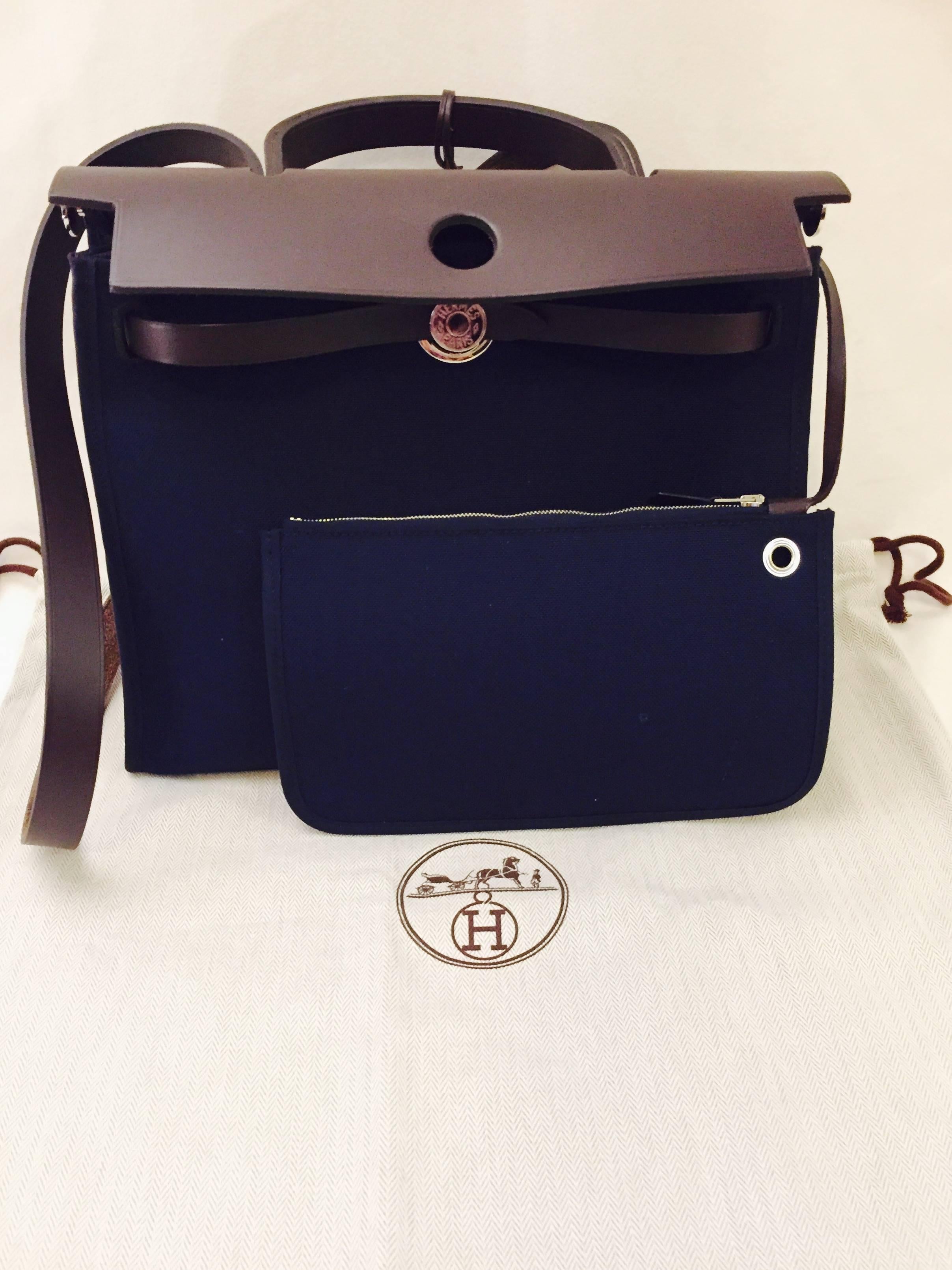  Hermès Toile Vache Hunter Herbag in Blue With Brown Leather Trim PM 31 PHW In Excellent Condition In Palm Beach, FL