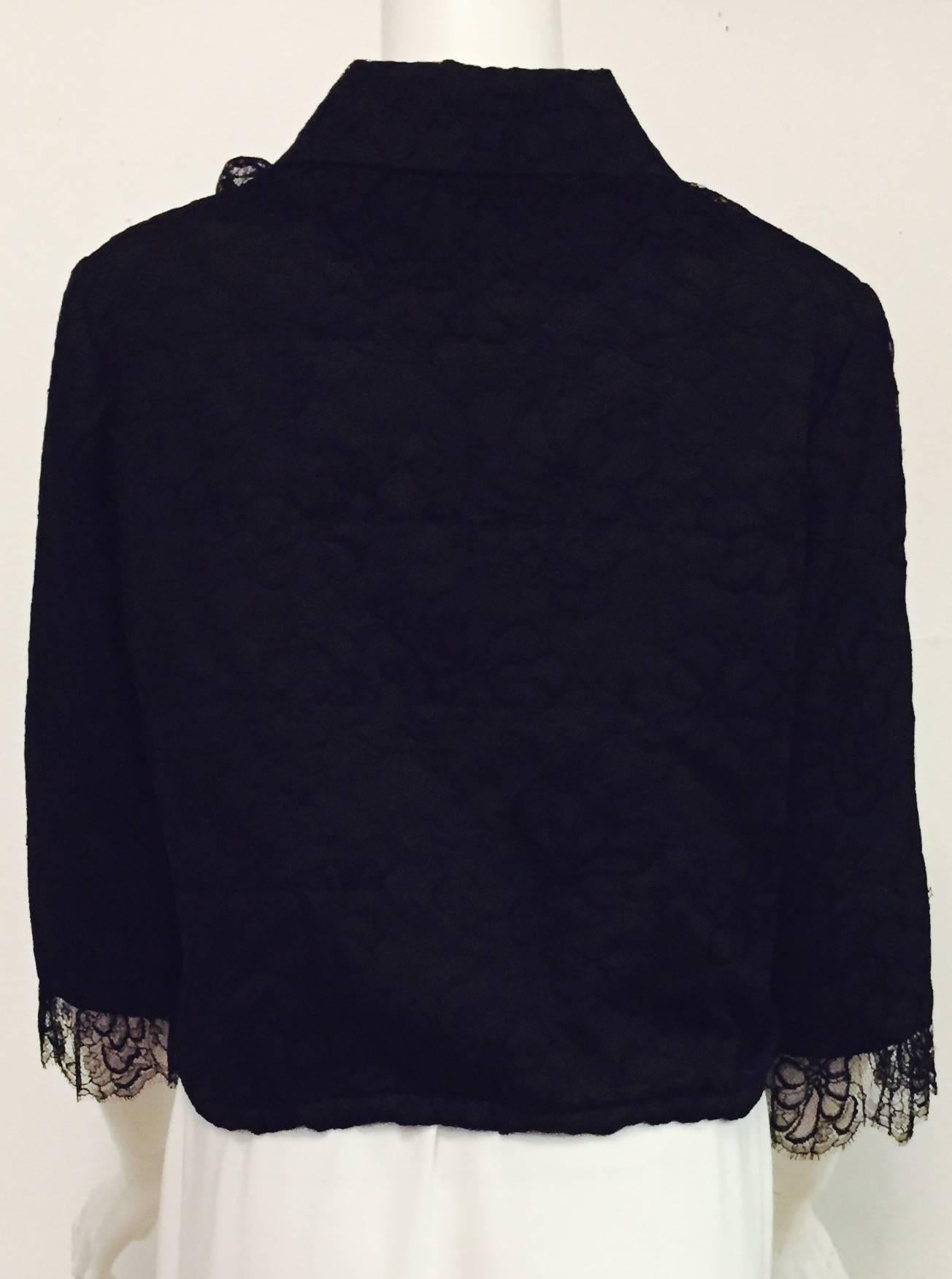 Chanel Camellia Flower Black Lace & Silk Cropped Jacket with Drawstring Tie In Excellent Condition In Palm Beach, FL