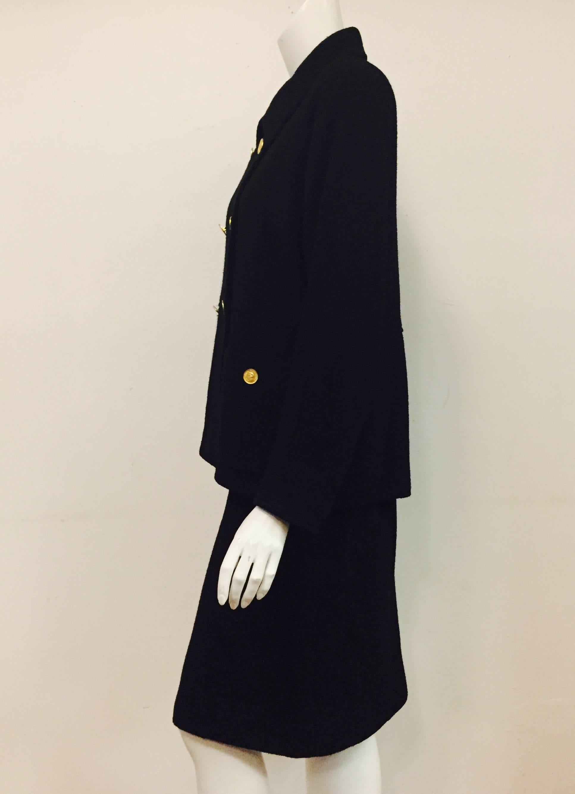 Women's Classic Chanel Boutique Black Skirt Suit with Iconic Goldtone Profile Buttons For Sale