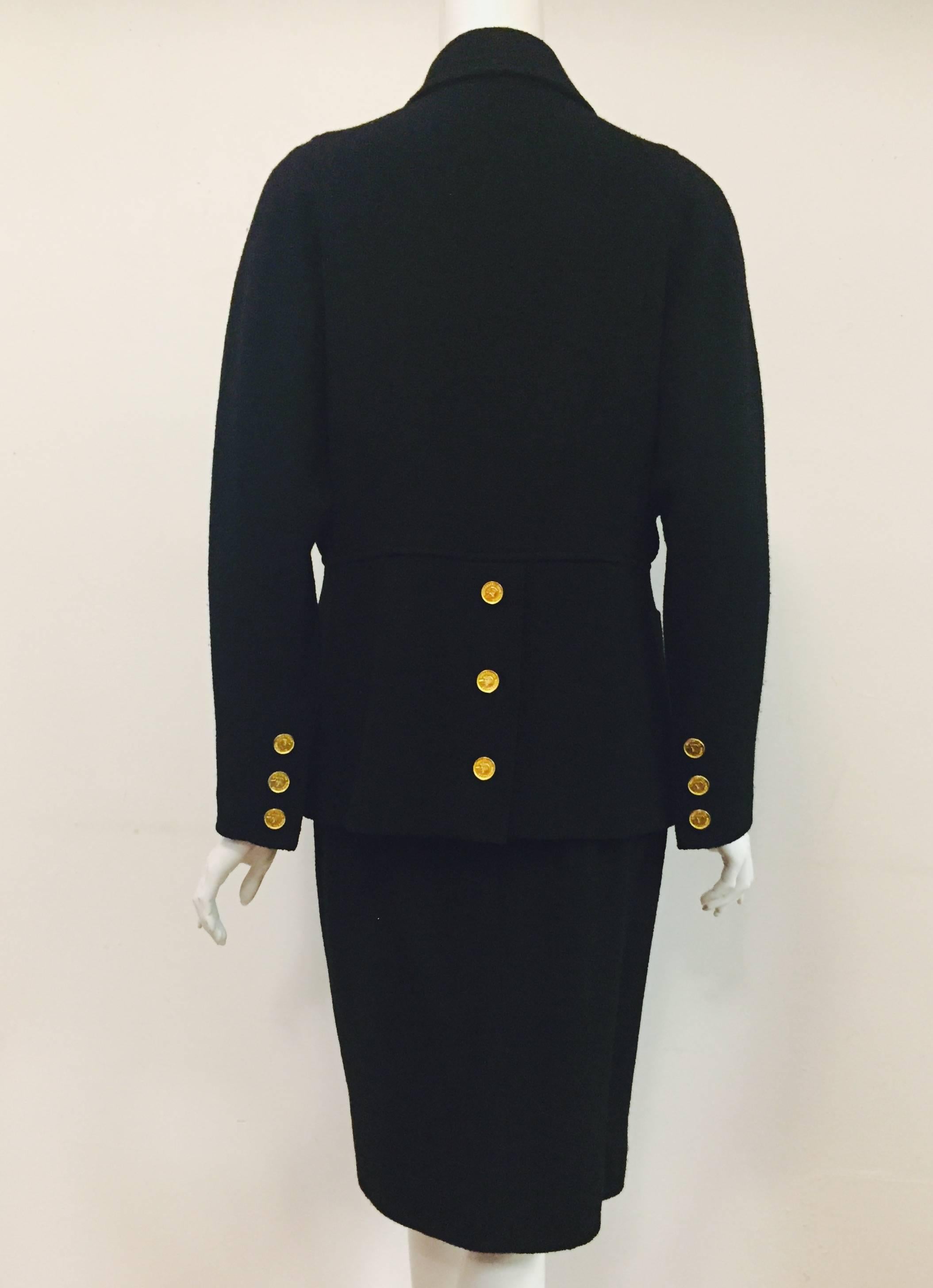 Classic Chanel Boutique Black Skirt Suit with Iconic Goldtone Profile Buttons In Excellent Condition For Sale In Palm Beach, FL