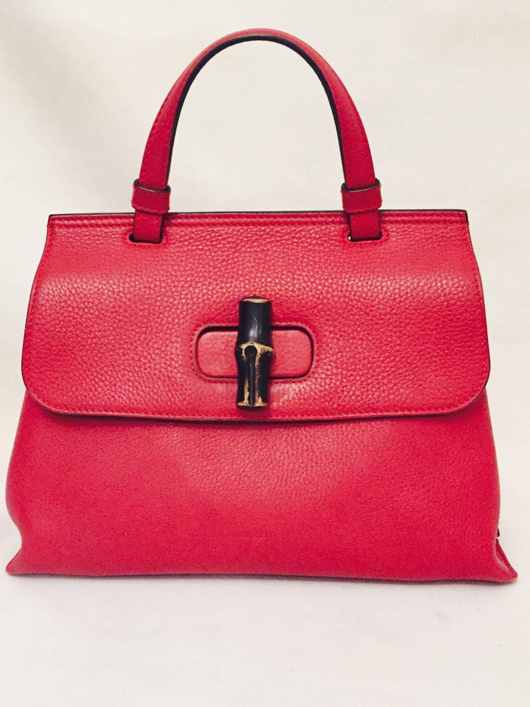Guccissimo Gucci Red Pebbled Calfskin Small Bamboo 2 Way Handle and ...