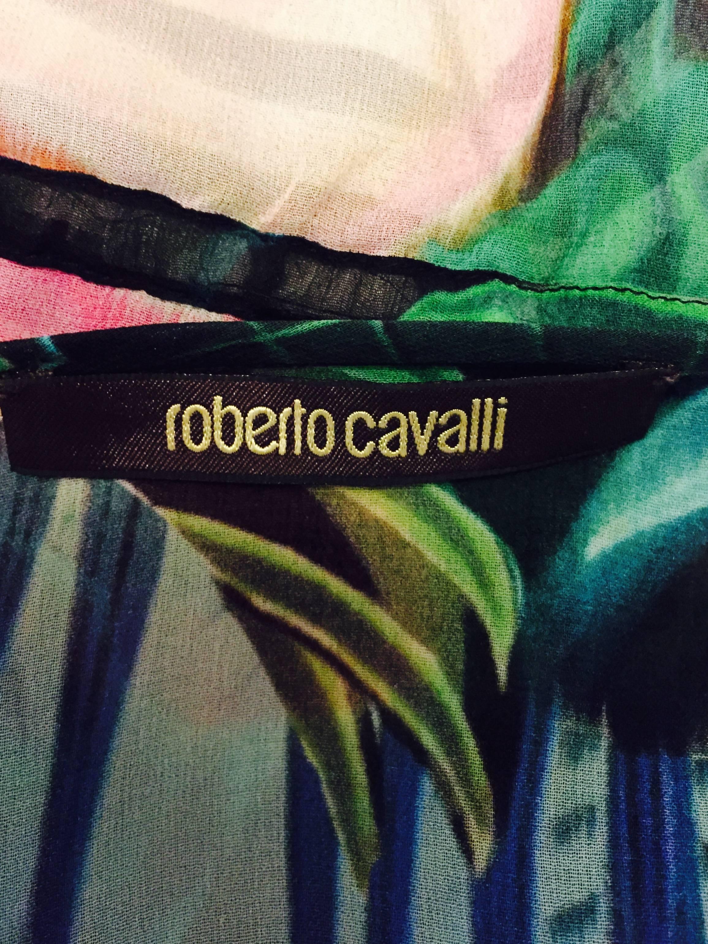 Radiant Roberto Cavalli Paradise Print Sheer Silk Tunic Blouse  In Excellent Condition In Palm Beach, FL
