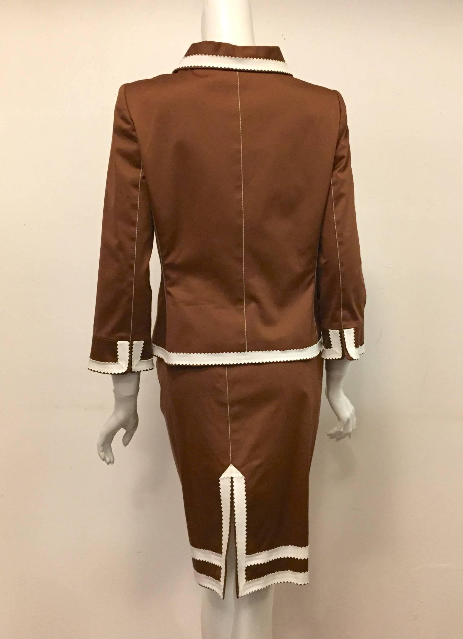 Black   Oscar de la Renta Copper Color Cotton Skirt Suit with White Trim