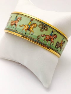 Highly Desirable Hermes Horsemen Gold Tone &  Green Enamel Bangle Bracelet