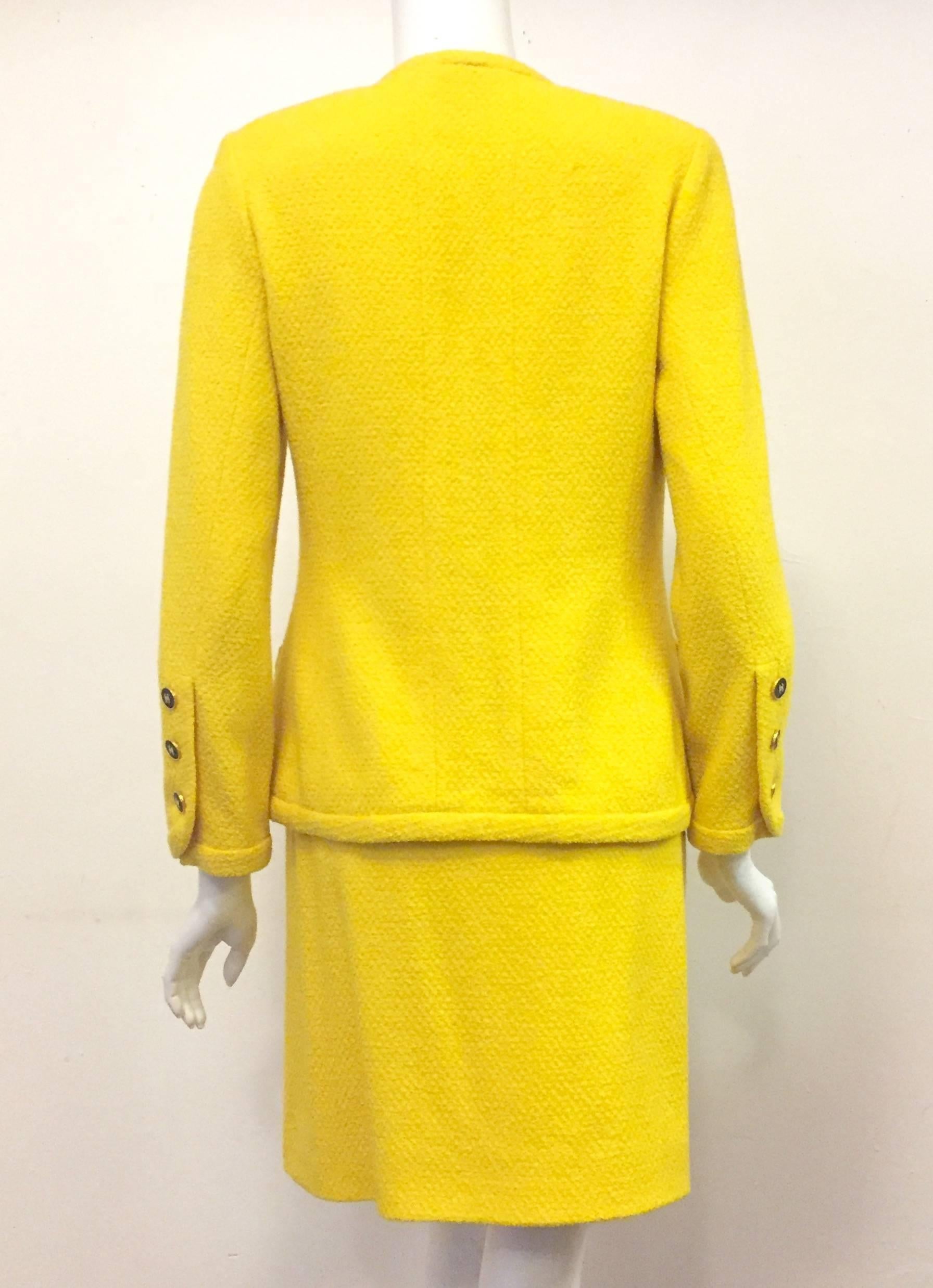 Women's Charming Chanel Sunshine Yellow Open Jacket & Wrap Skirt w/ Gold Tone Buttons 