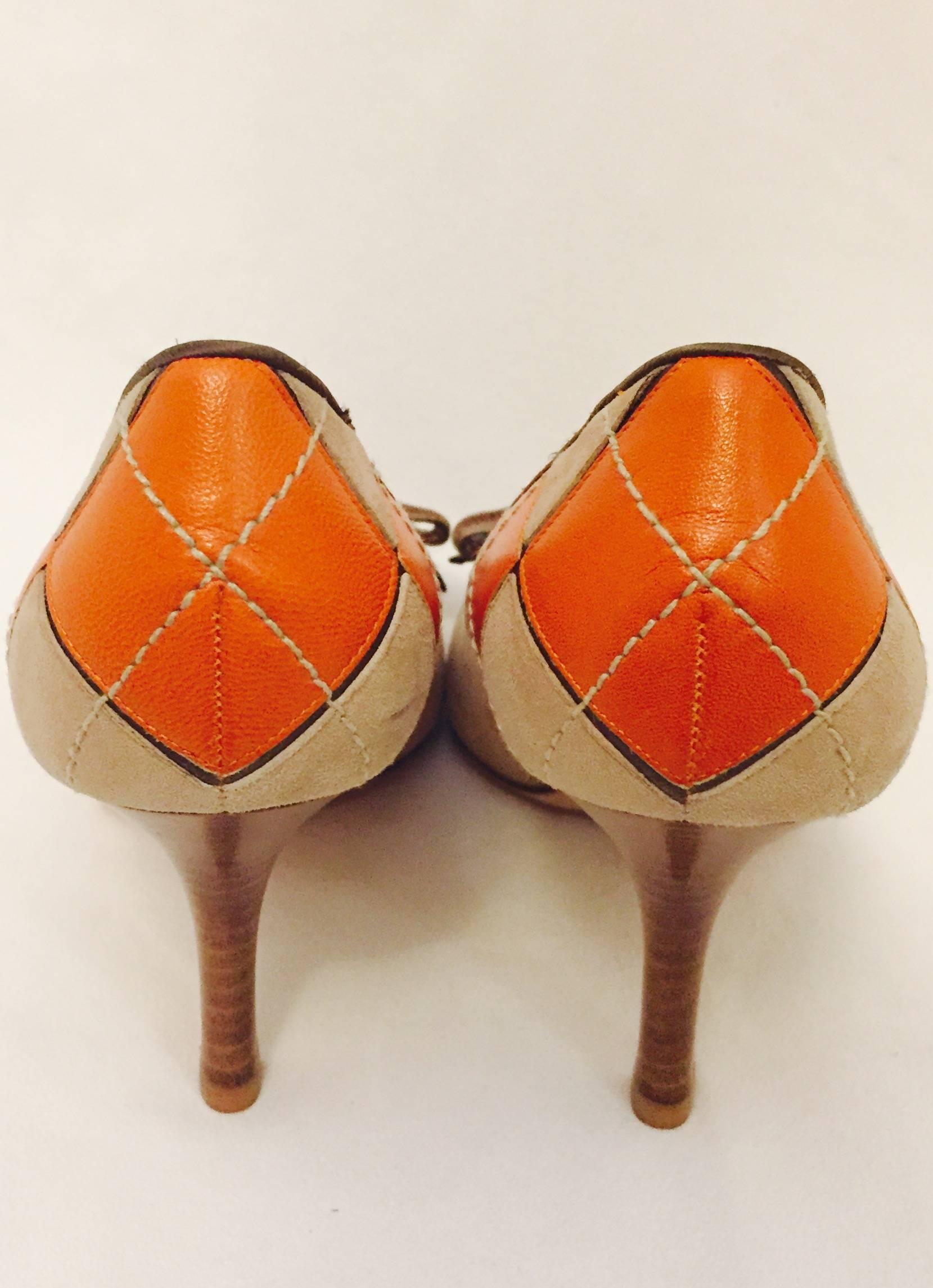 Women's Valentino Garavani Orange Leather and Beige Suede Argyle Pumps 