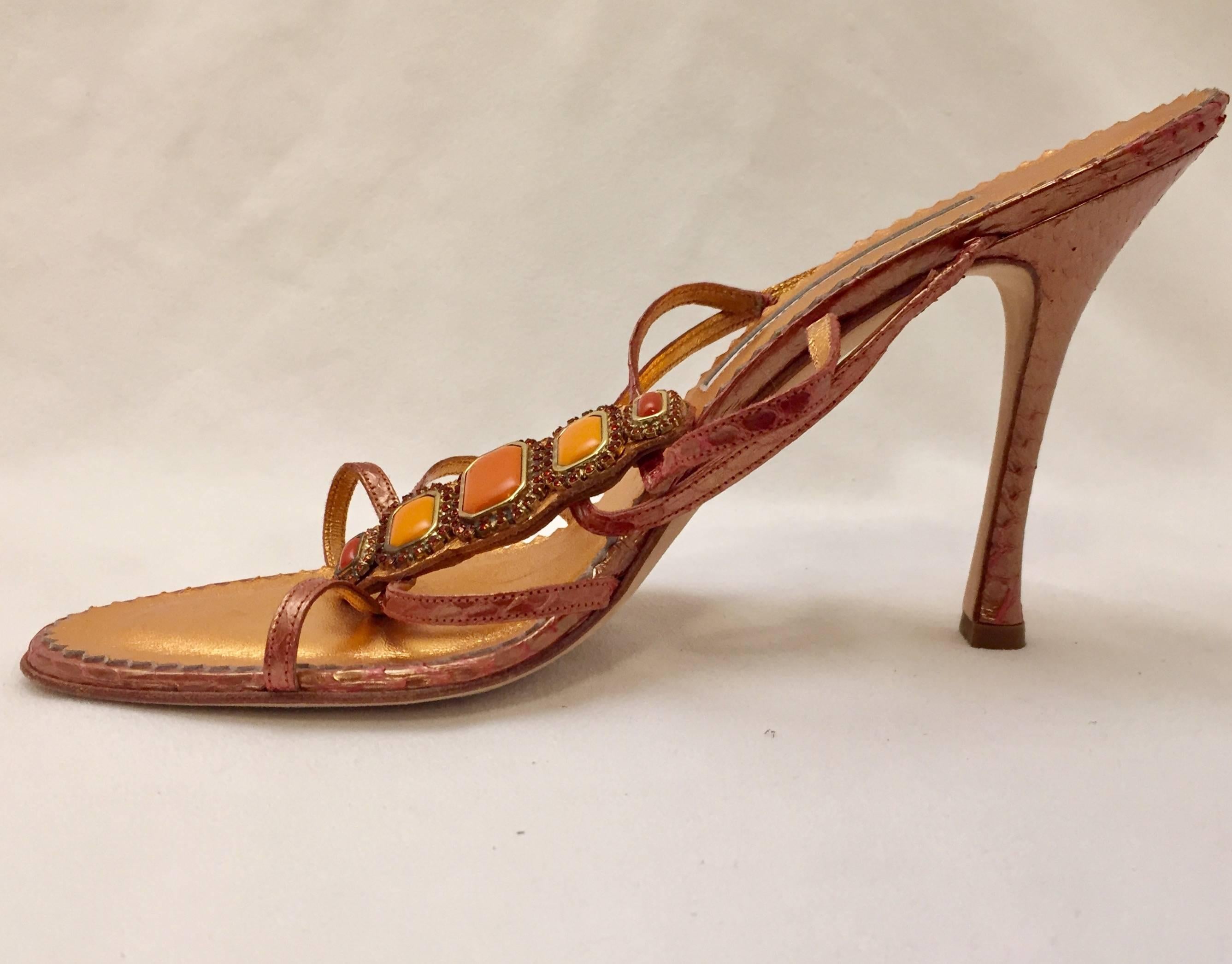 Women's Manolo Blahnik Bronze Metallic Python Strappy Sandal w/Multi Color Resin Stones For Sale