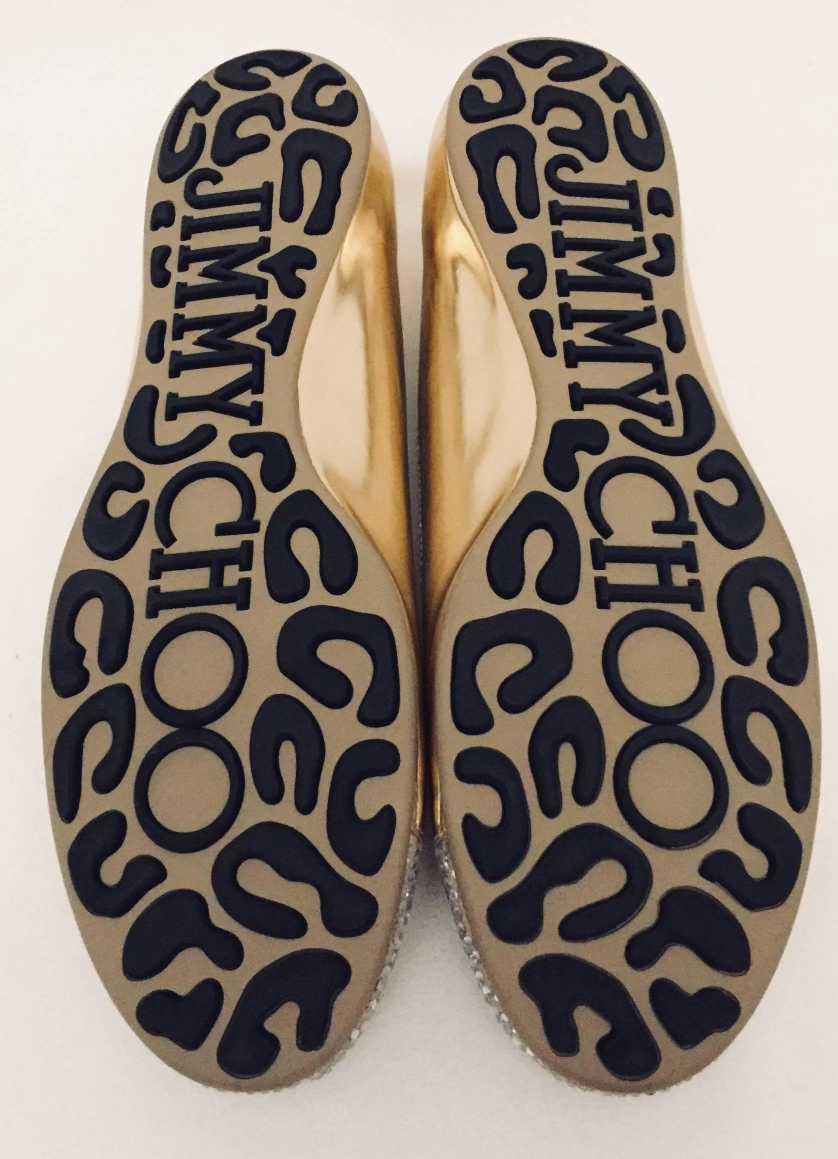 Jimmy Choo Crystal Embellished Cap Toe and Gold Leather Gaze Ballerinas For Sale 2