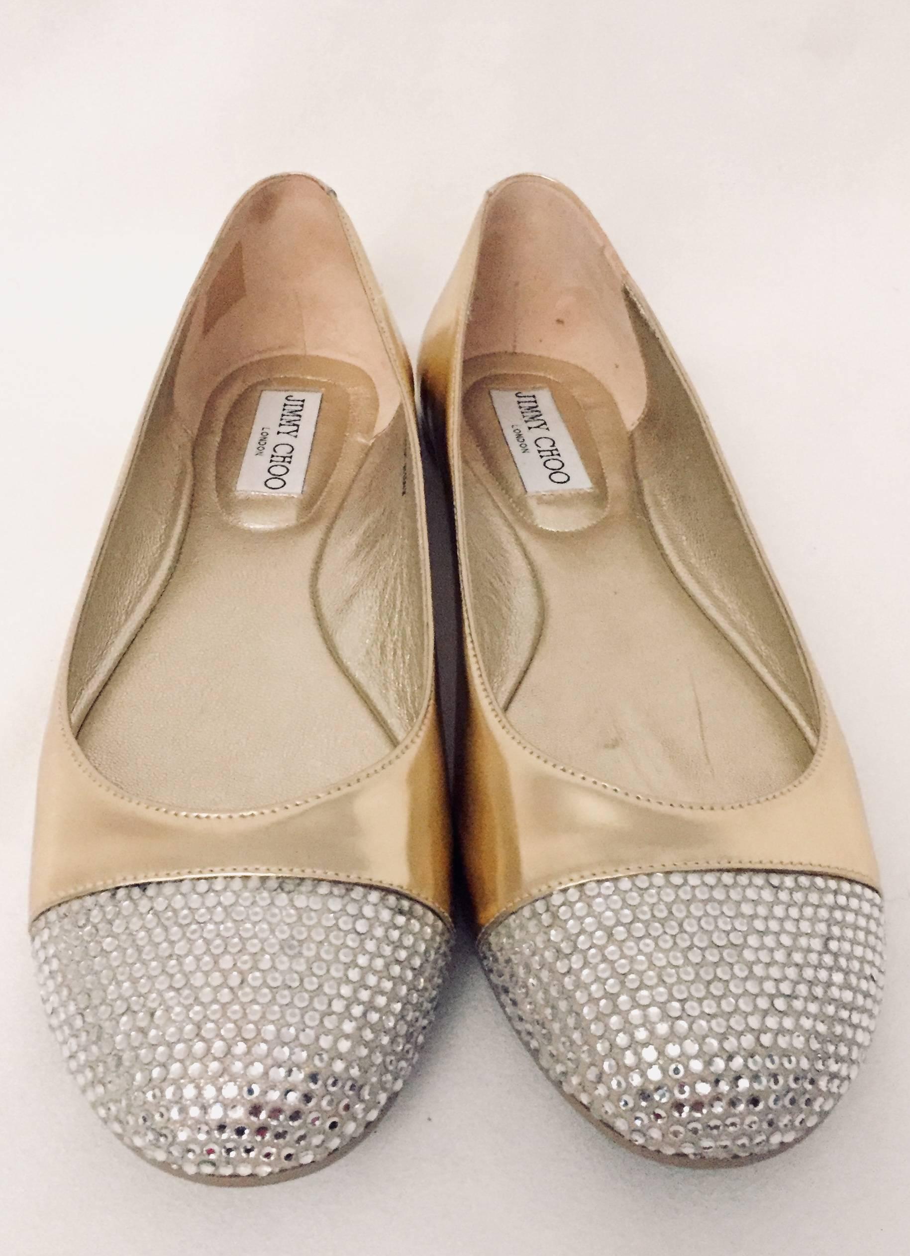 Jimmy Choo Crystal Embellished Cap Toe and Gold Leather Gaze Ballerinas For Sale 1