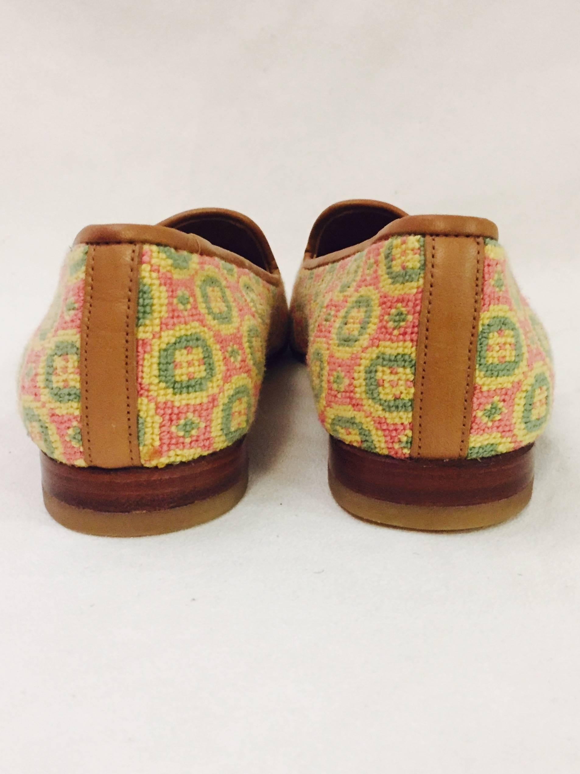Stubbs & Wootton Sensible Needlepoint Fabric Slippers in Yellow Pink and Green  In Excellent Condition In Palm Beach, FL