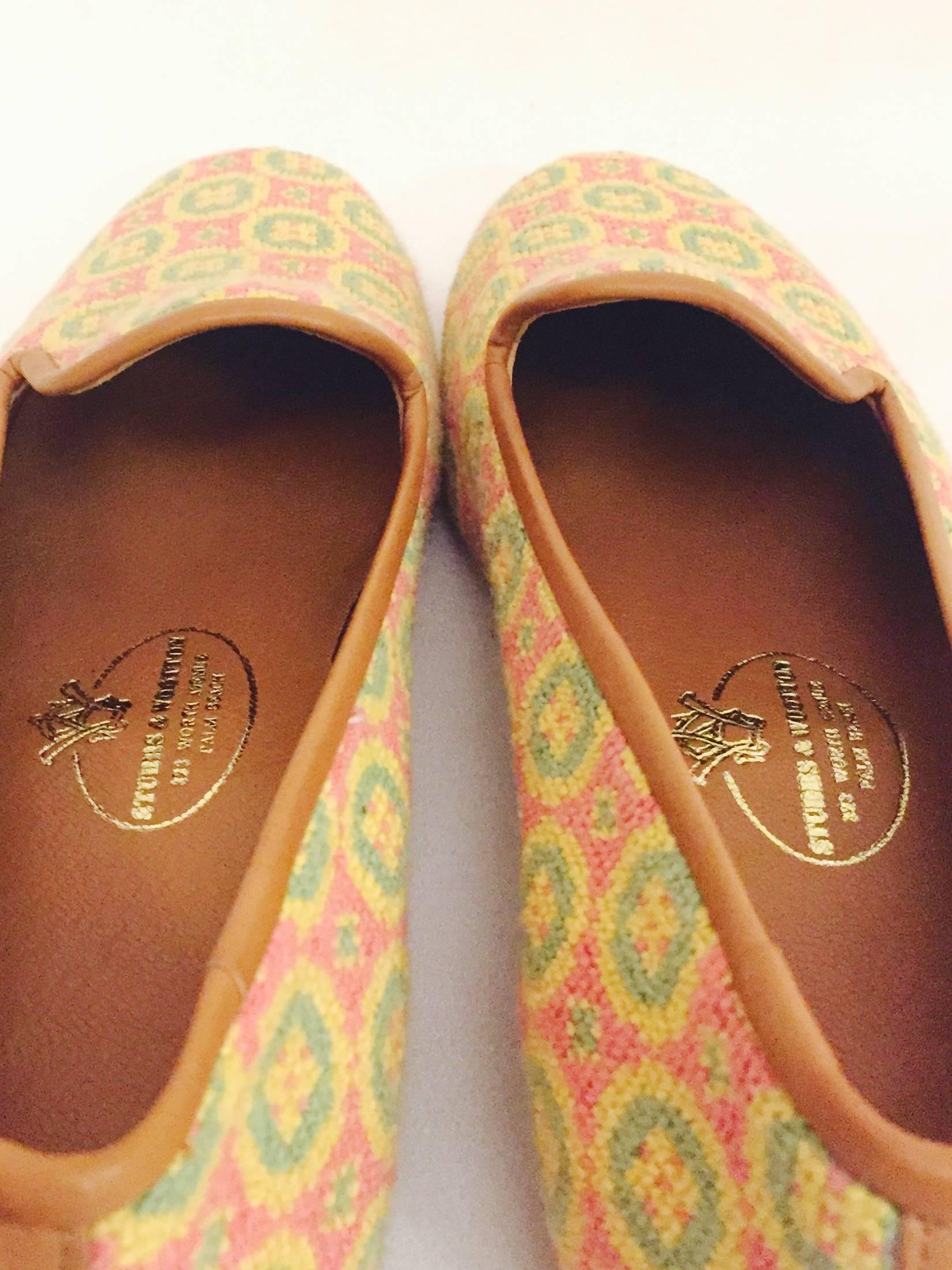 Stubbs & Wootton Sensible Needlepoint Fabric Slippers in Yellow Pink and Green  1