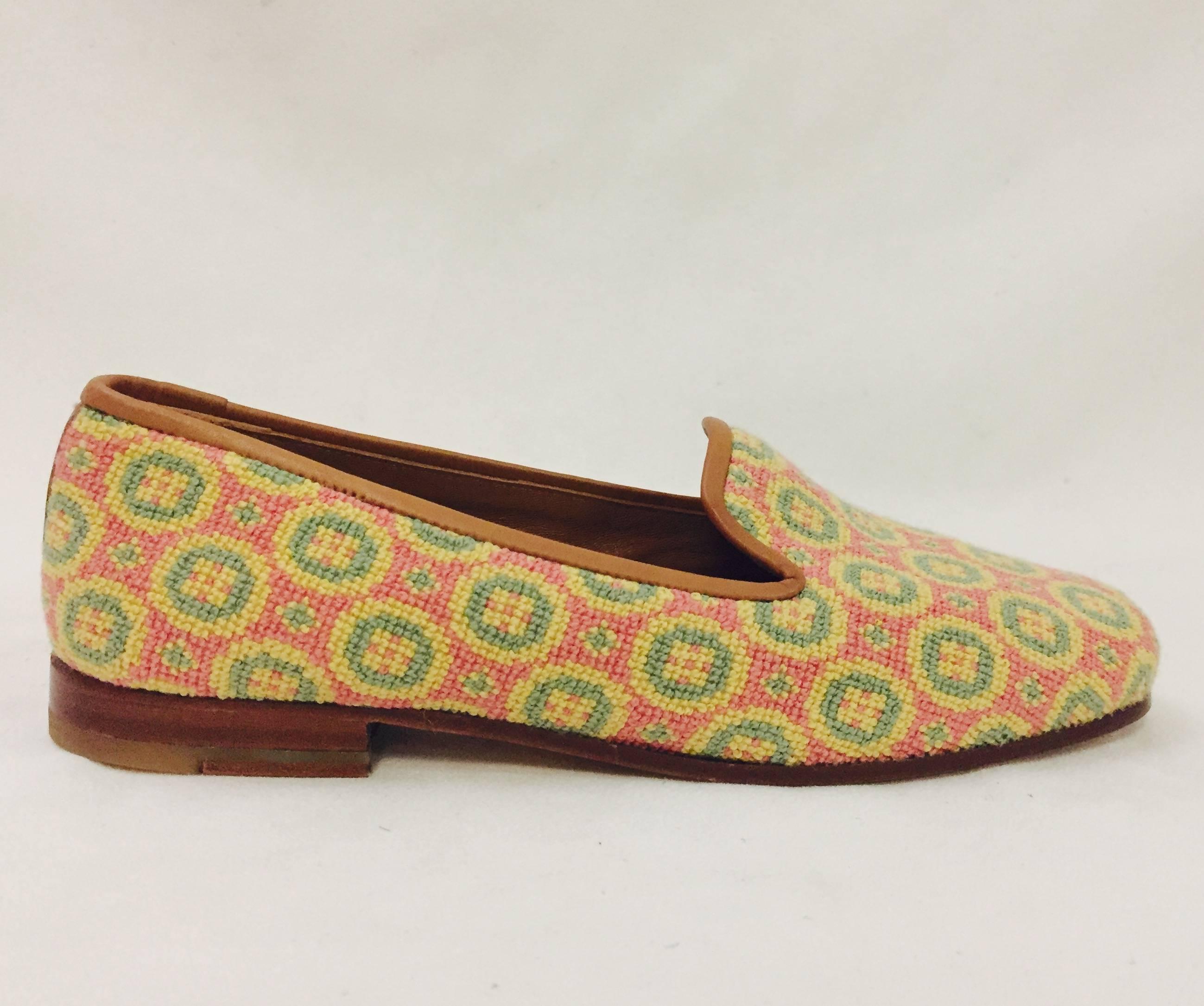 Brown Stubbs & Wootton Sensible Needlepoint Fabric Slippers in Yellow Pink and Green 