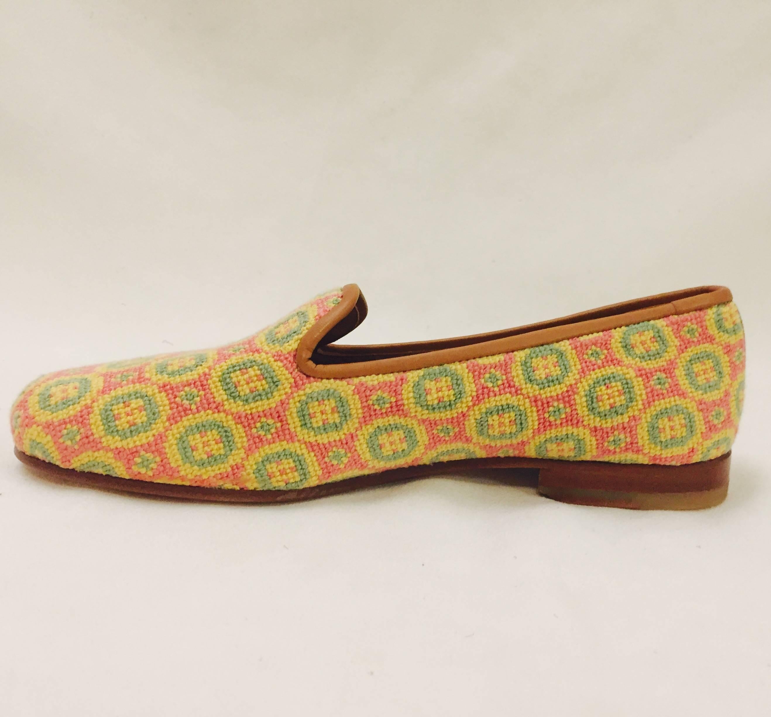Women's Stubbs & Wootton Sensible Needlepoint Fabric Slippers in Yellow Pink and Green 