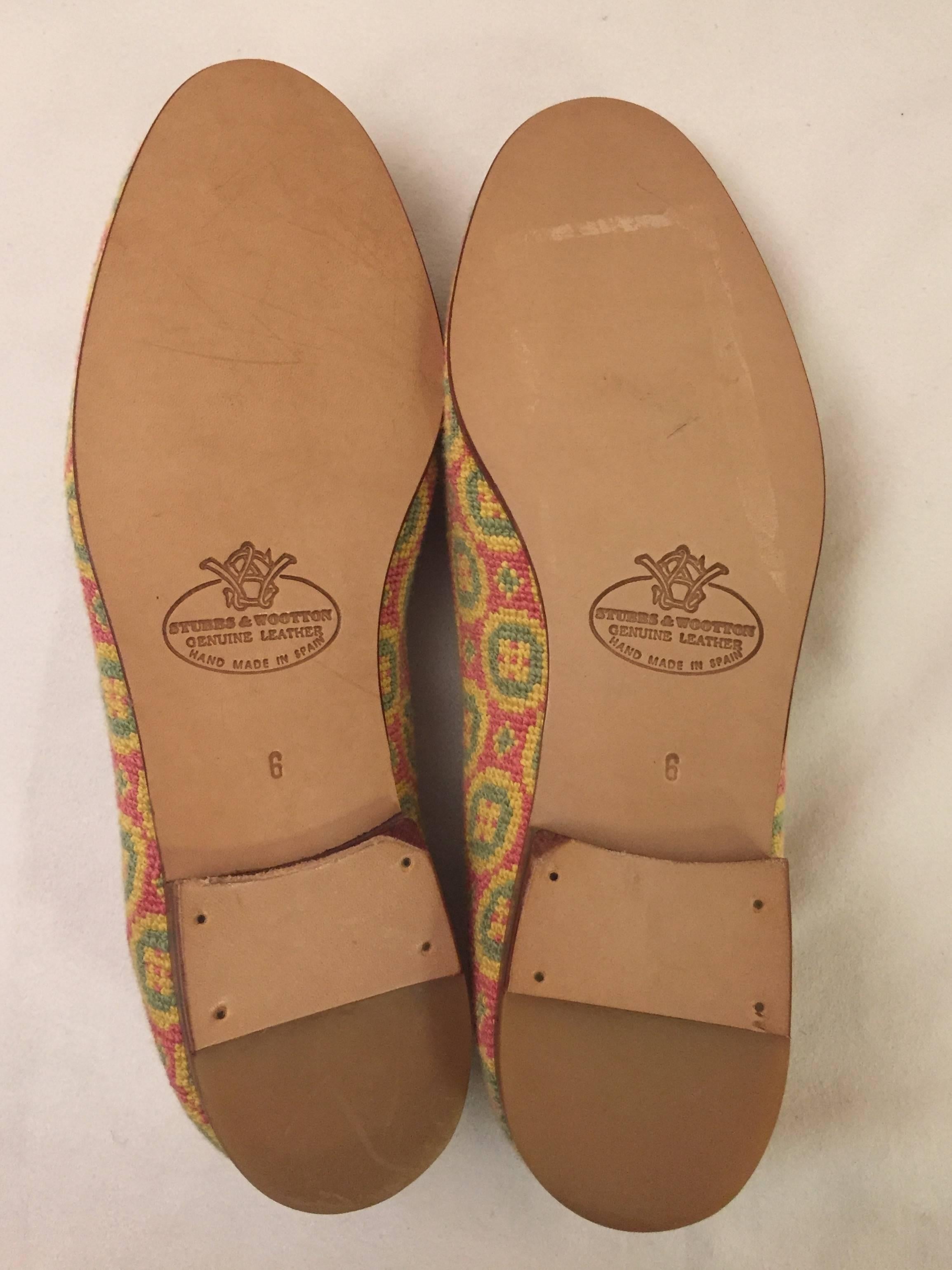 Stubbs & Wootton Sensible Needlepoint Fabric Slippers in Yellow Pink and Green  2