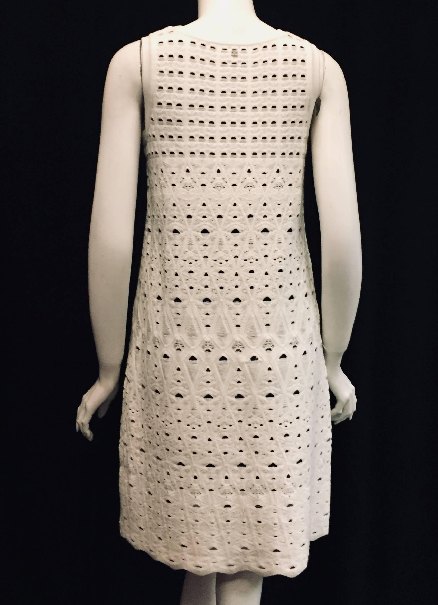 Beige Coveted Chanel White with Navy Blue Lining Sleeveless Knit Dress For Sale
