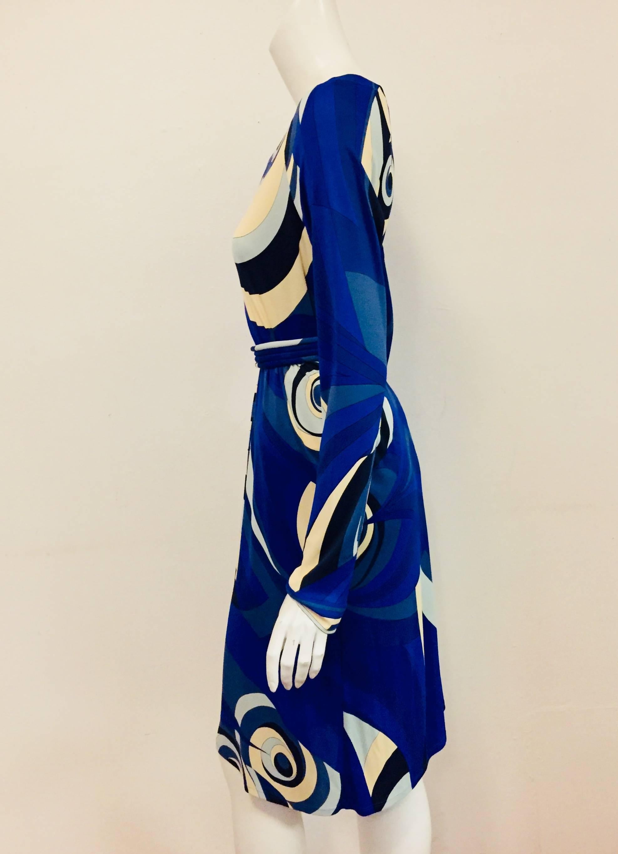 Women's Exotic Emilio Pucci Blue Tone Abstract Print Long Sleeve Dress w/Bateau Neckline