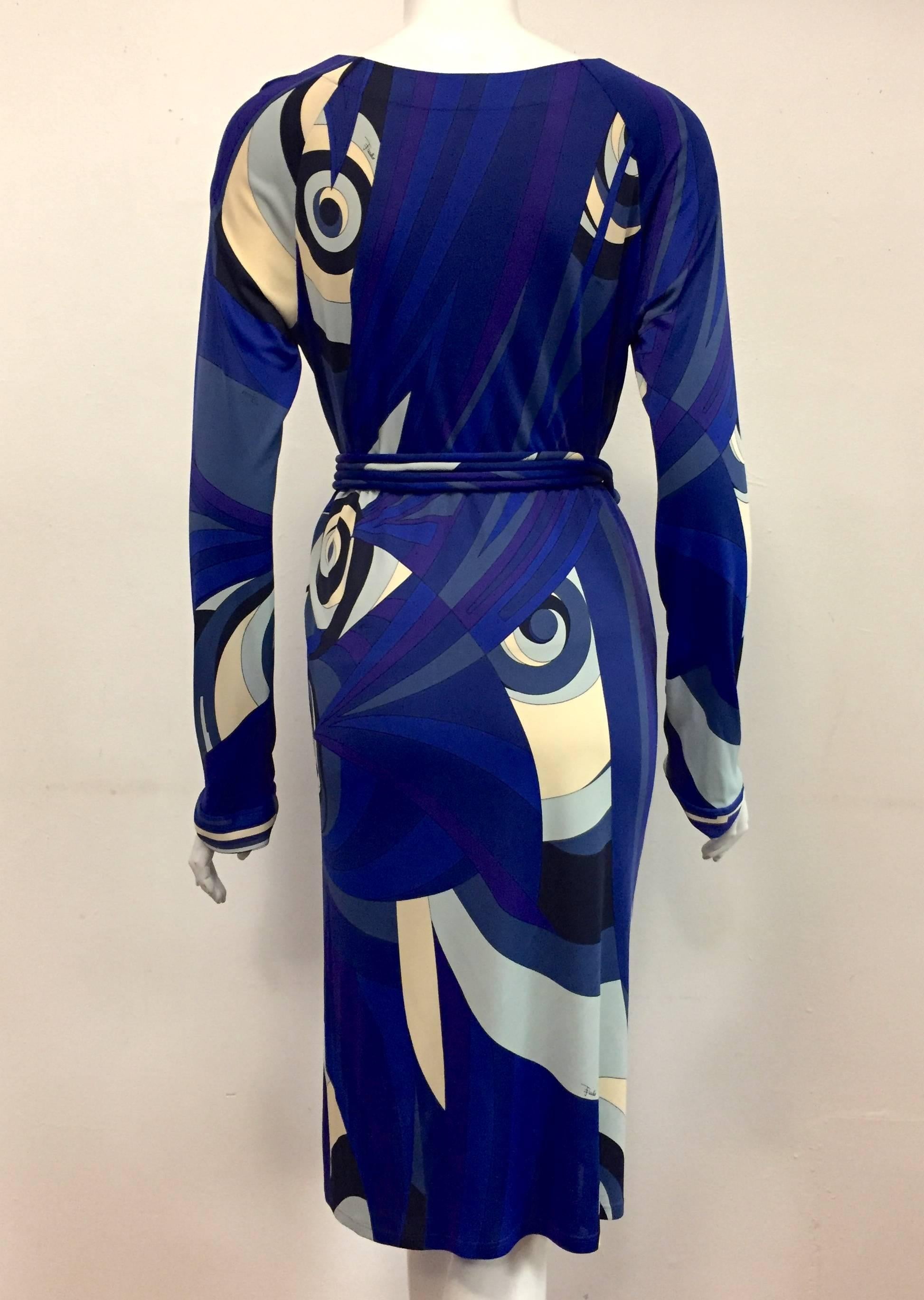 Exotic Emilio Pucci Blue Tone Abstract Print Long Sleeve Dress w/Bateau Neckline In Excellent Condition In Palm Beach, FL