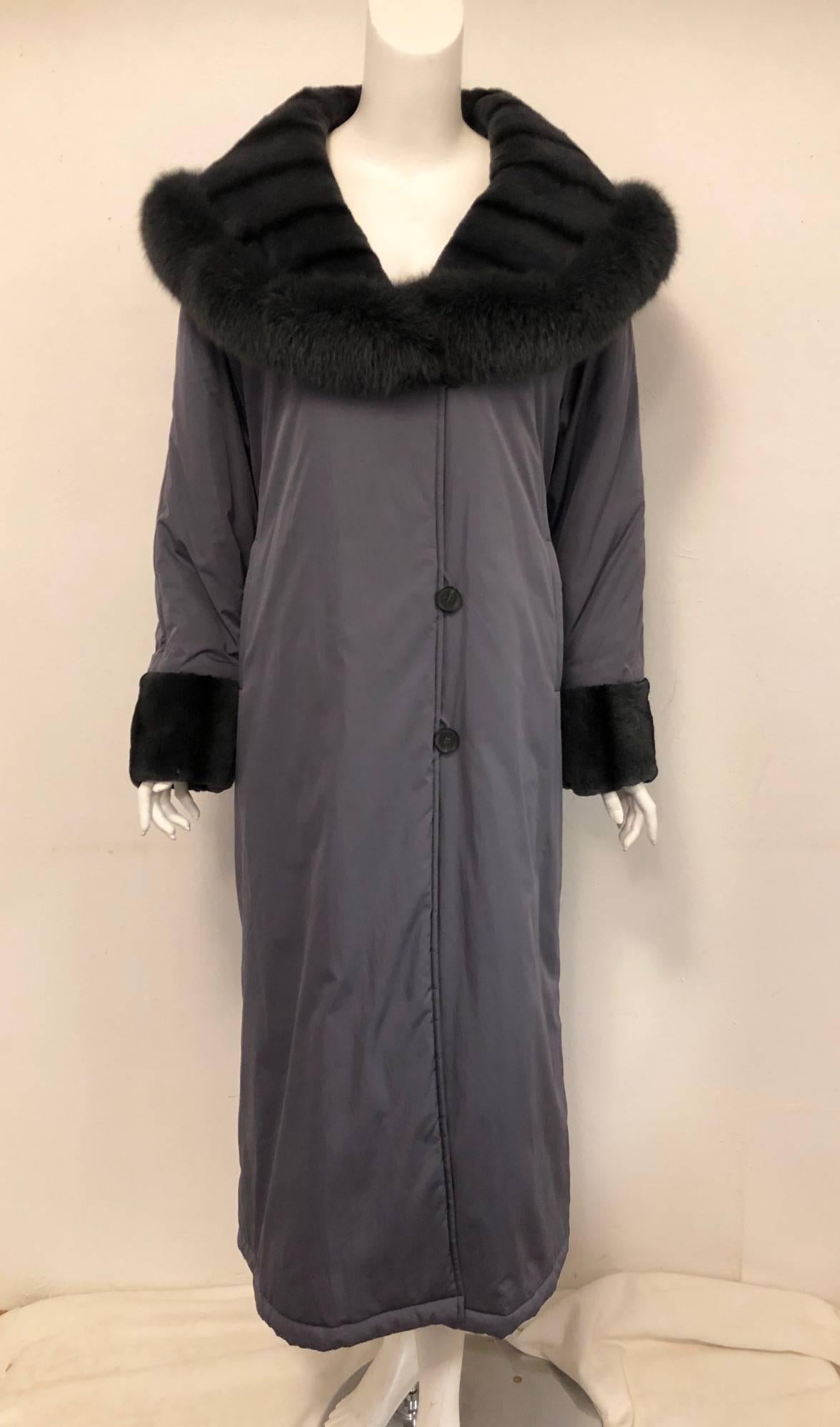 Argjrjou Slate Nylon Greatcoat With Dyed Fox and Sheared Beaver Trim For Sale 1