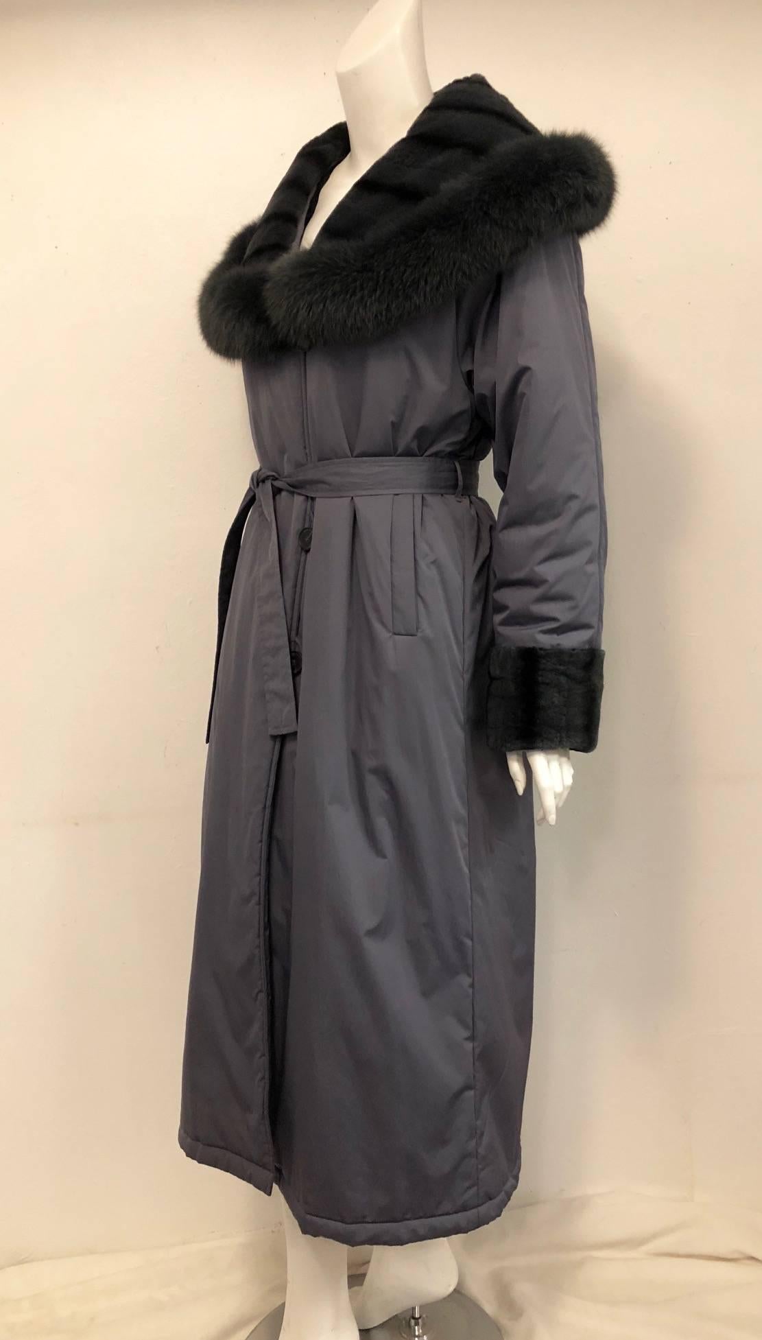 Black Argjrjou Slate Nylon Greatcoat With Dyed Fox and Sheared Beaver Trim For Sale