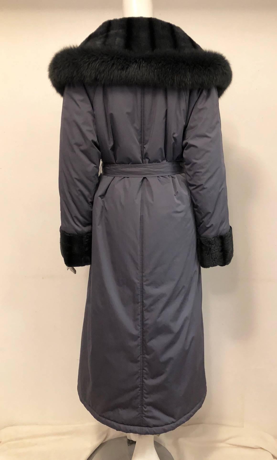 Women's Argjrjou Slate Nylon Greatcoat With Dyed Fox and Sheared Beaver Trim For Sale