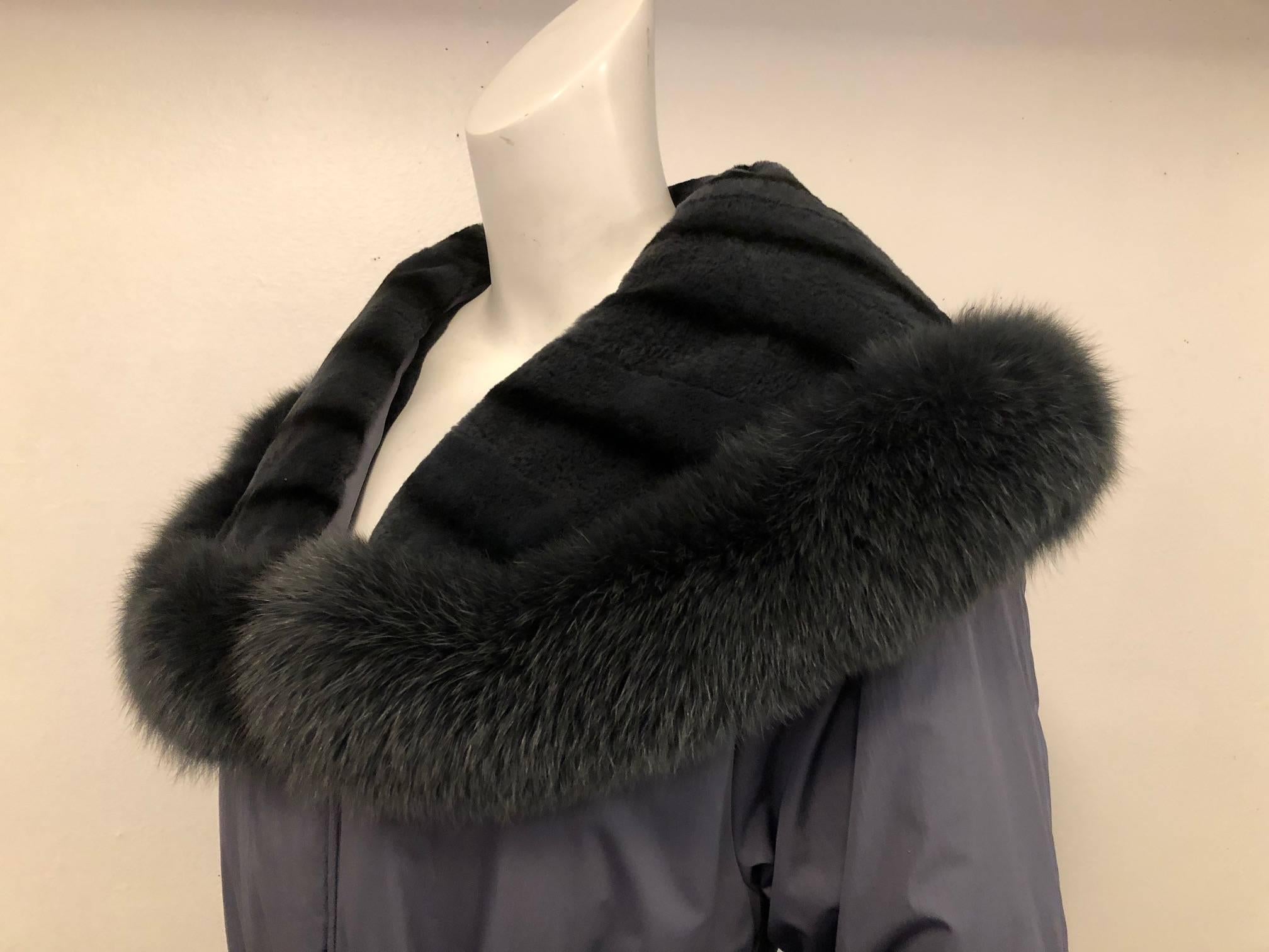 Argjrjou Slate Nylon Greatcoat With Dyed Fox and Sheared Beaver Trim In Excellent Condition For Sale In Palm Beach, FL