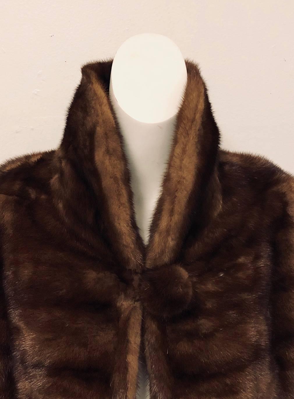 Brown Mink Gathered Swing Coat With Shawl Collar and Bell Sleeves  1