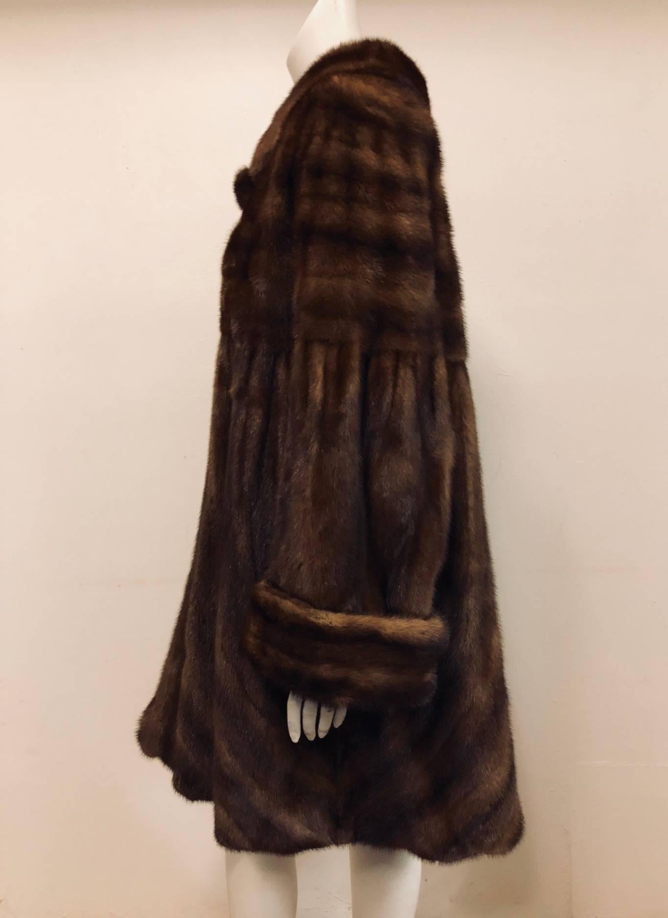 Women's Brown Mink Gathered Swing Coat With Shawl Collar and Bell Sleeves 