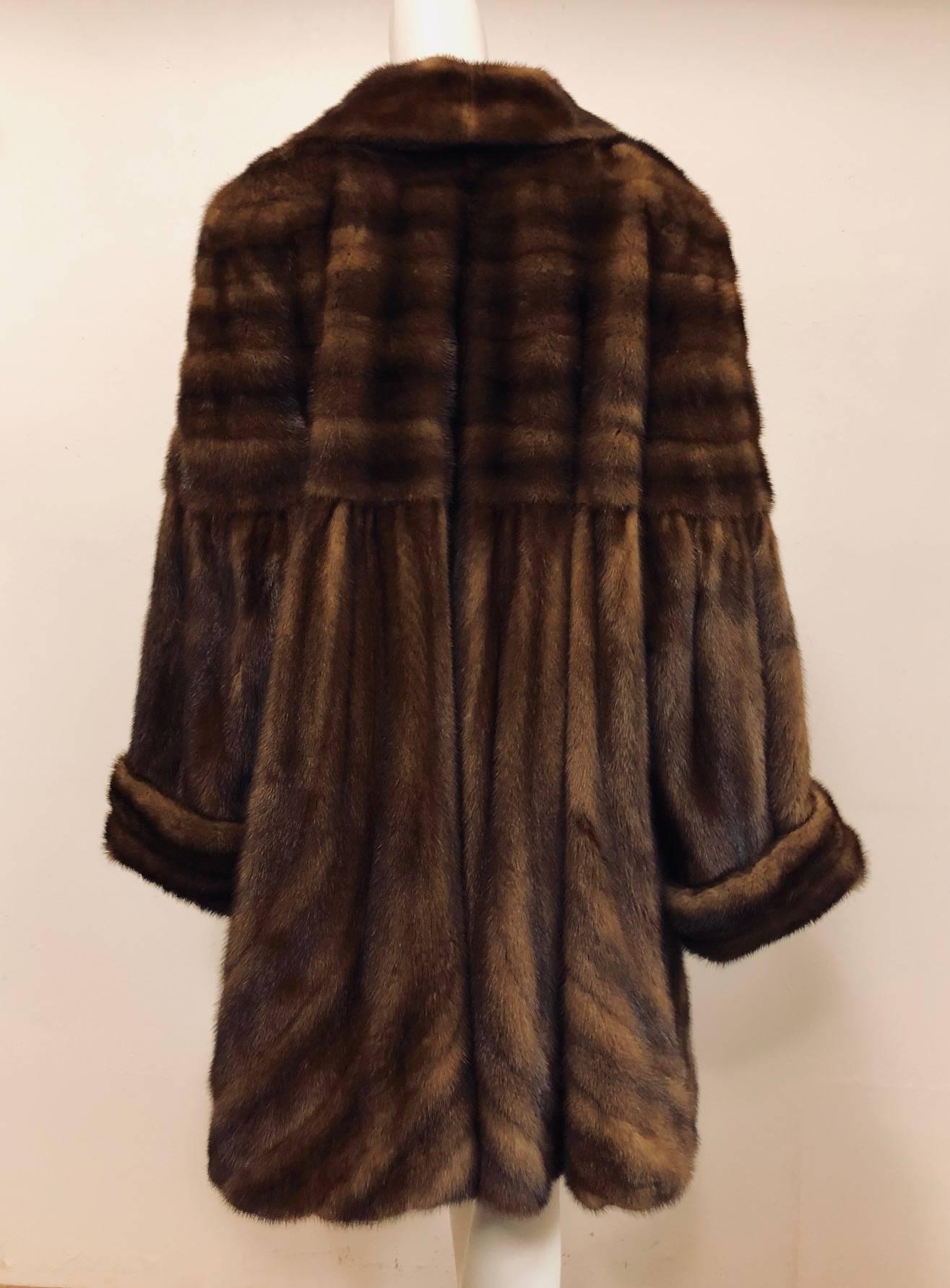 Brown Mink Gathered Swing Coat With Shawl Collar and Bell Sleeves  In Excellent Condition In Palm Beach, FL