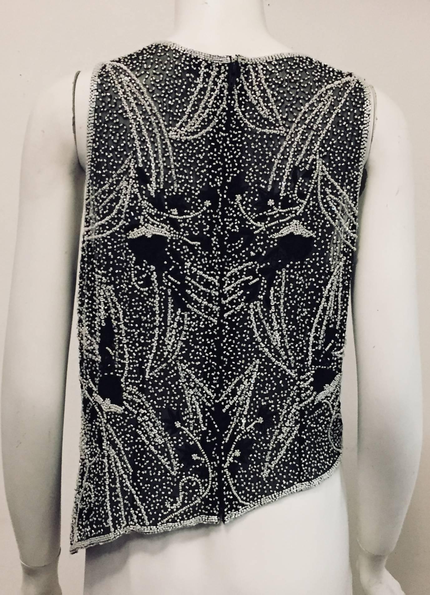 Saint Laurent Black and White Beaded Sleeveless Top with Asymmetric Hem In Excellent Condition For Sale In Palm Beach, FL