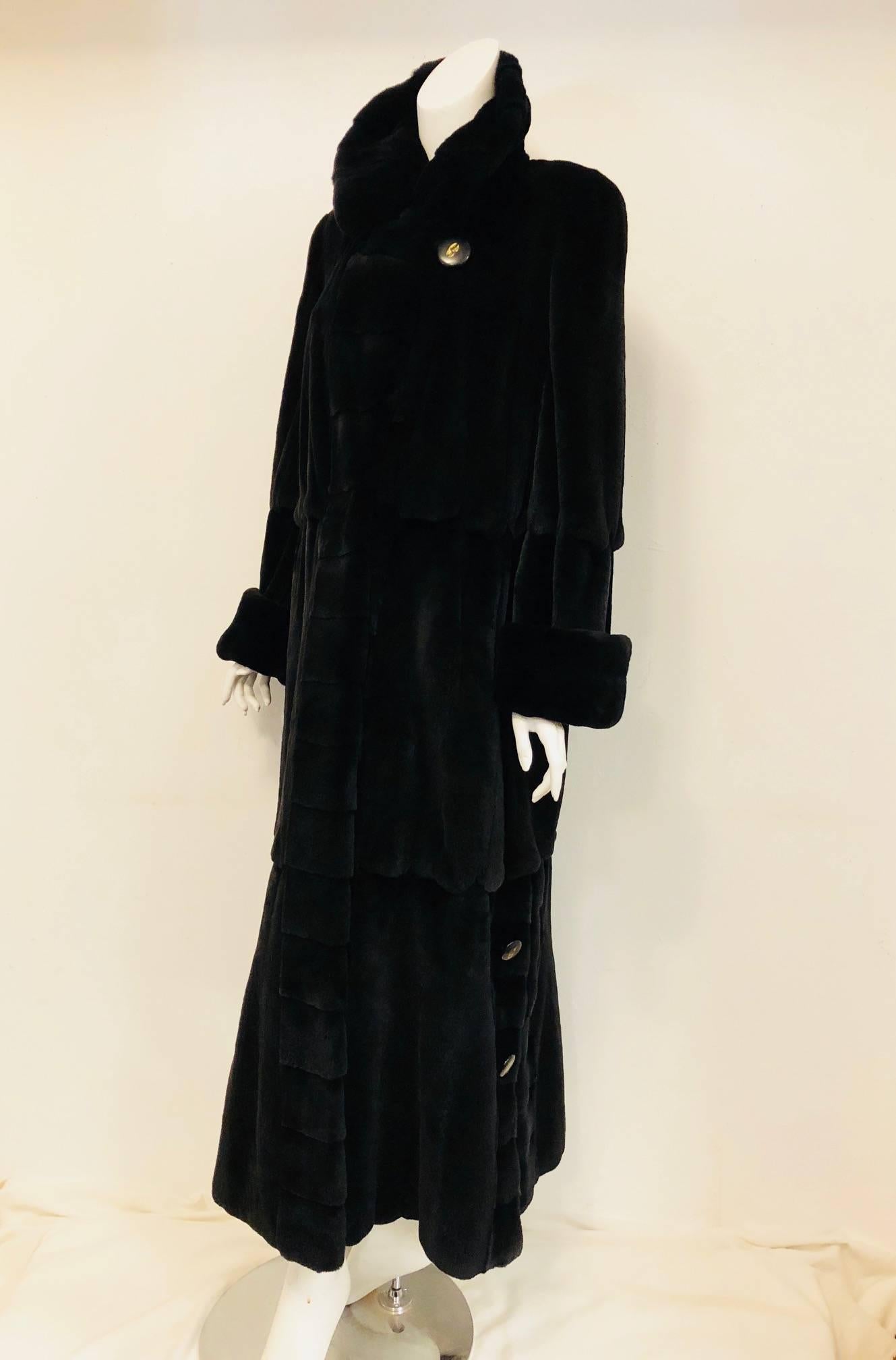 Marshall Fields Black Sheared Mink Long Coat w/ Round Collar & Turned Up Cuff In Excellent Condition In Palm Beach, FL