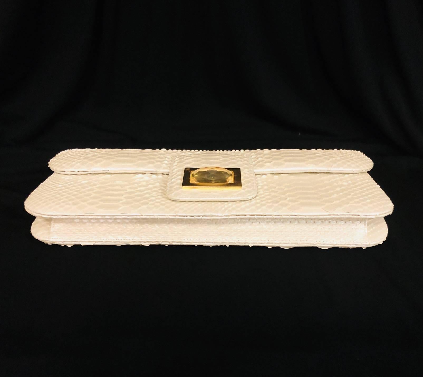 Beige Kara Ross Collectible Ivory Python Clutch With Rock Crystal Embellishment 