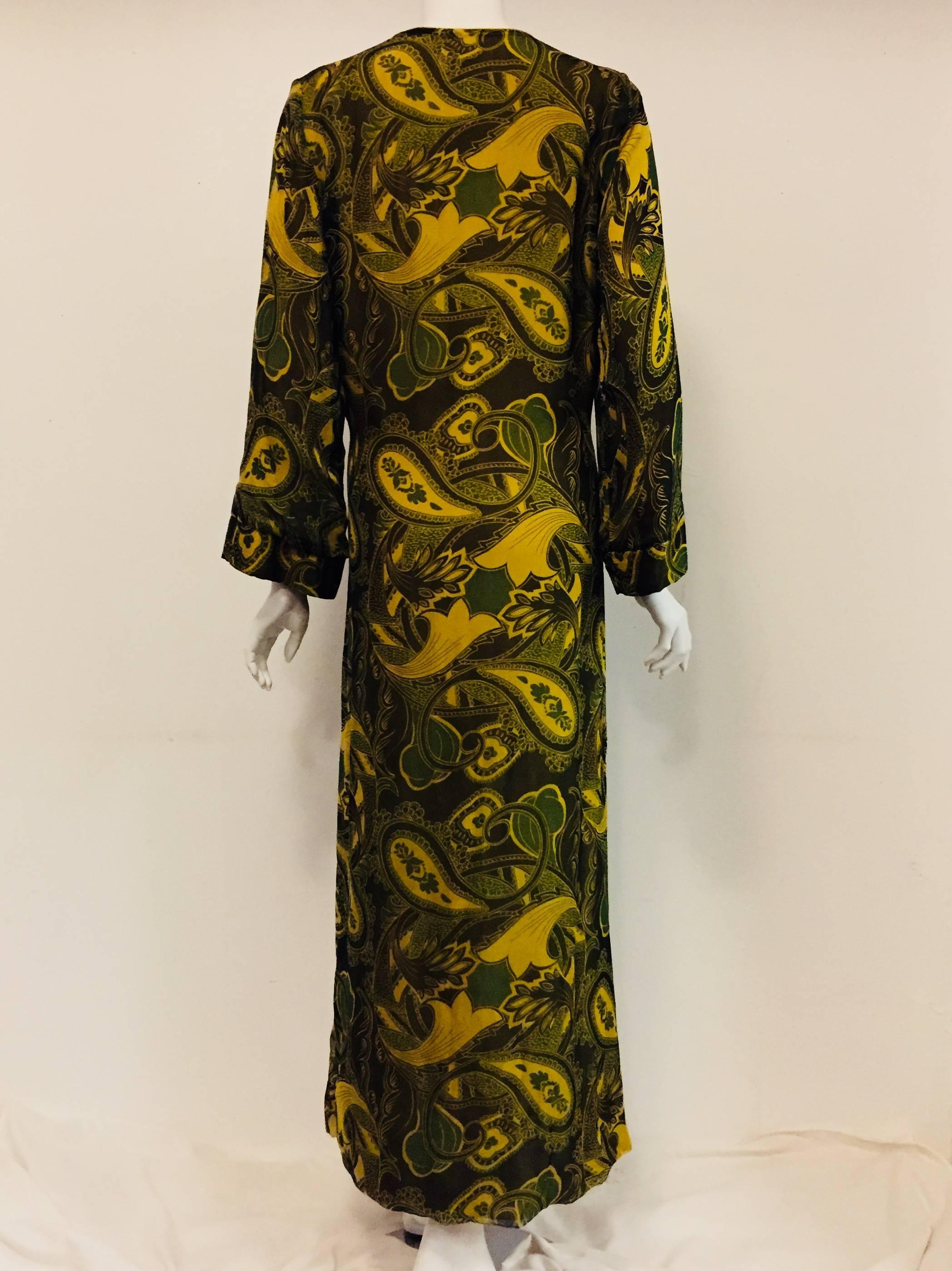 Black Cal Hon Hall Silk Chiffon Caftan in Green Tones and Floral Print For Sale