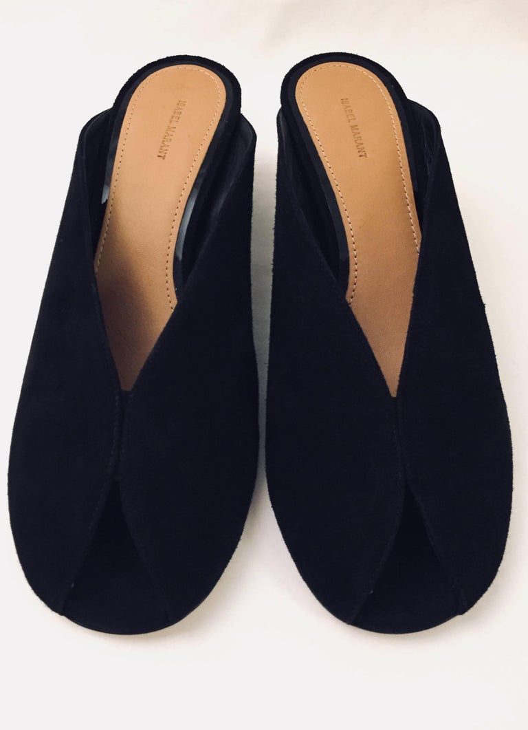 Insider Isabel Marant Black Suede Slides With Peep Toes and Geometric Heel For Sale at 1stdibs
