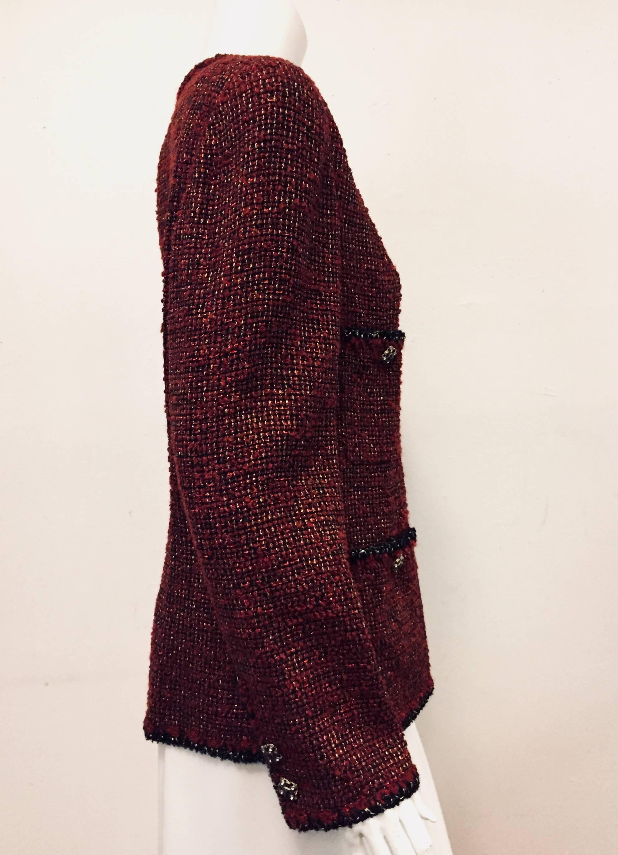 Chanel Bordeaux Tweed Jacket with Glimmering Gold Tone Threads For Sale 1