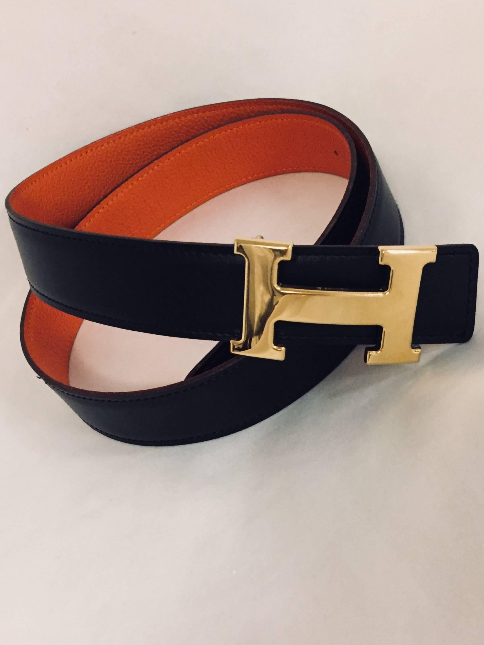 Fit for any fashionista, Hermes “Constance” belt set is highly desired and coveted!  Set features reversible signature Orange Togo and black smooth leather belt and gold tone ”H” buckle. An amazing combination that is sure to please the most