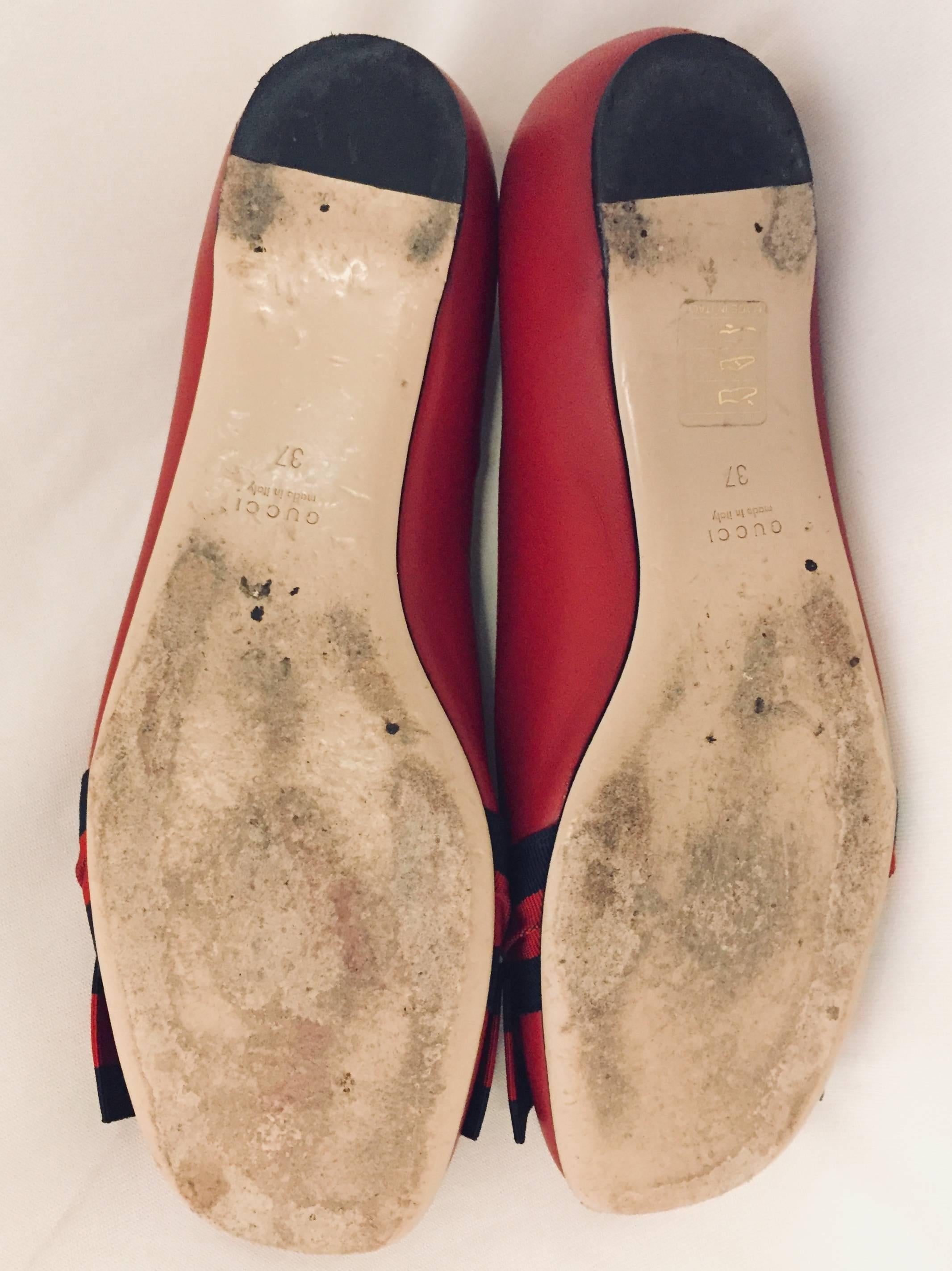 Women's Gucci Red Leather Ballet Flats With Grosgrain Web Bows and Gold Tone Star Studs